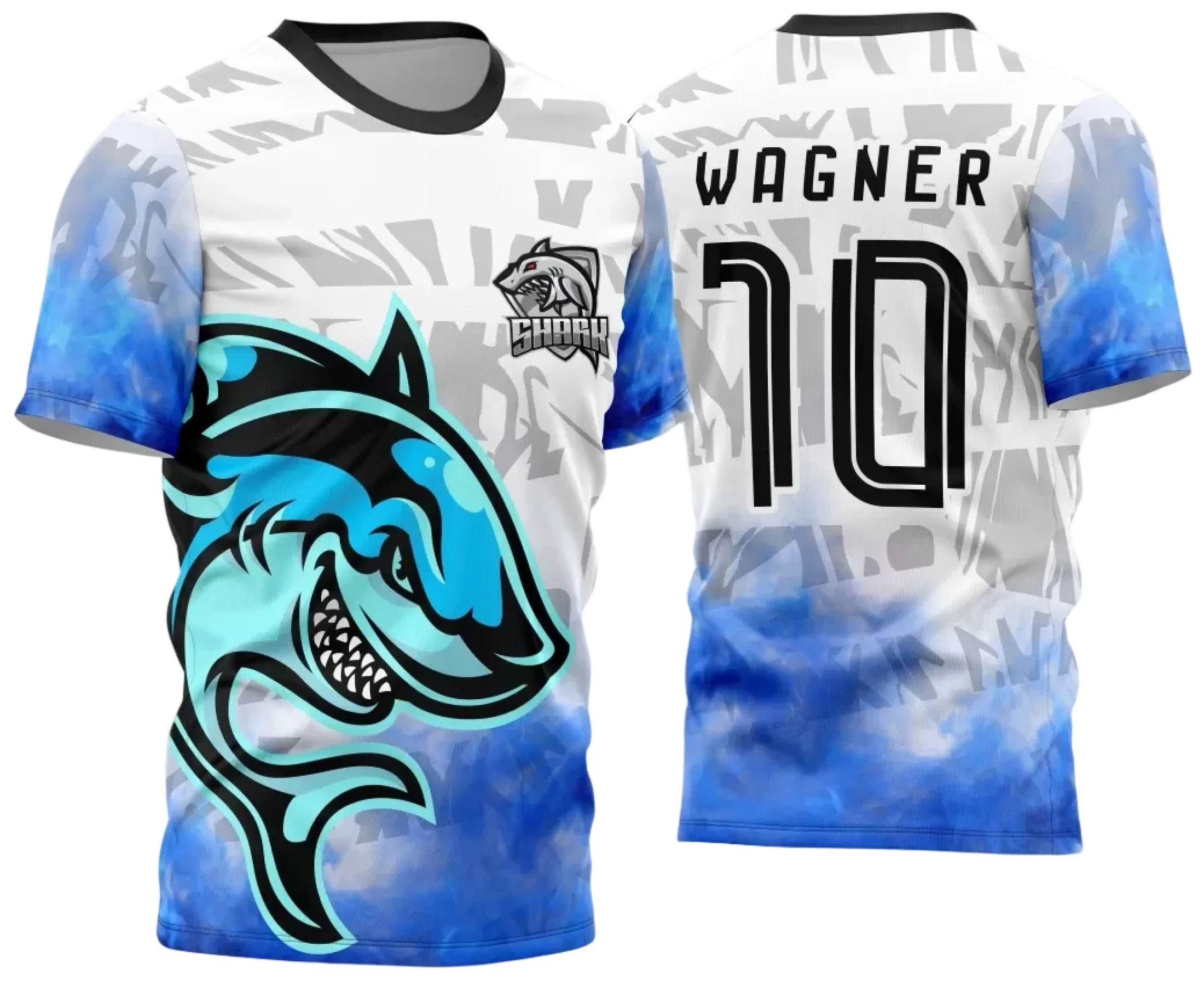 Camiseta unissex preta com logo no peito e estampa grande nas costas, tema Tubarão InterClasse, ideal para uso casual e esportivo, visual moderno e marcante