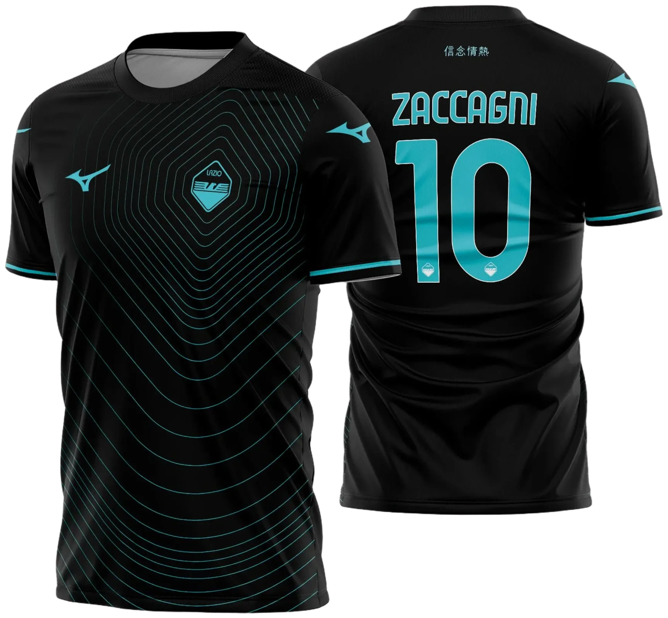 Camiseta unissex preta com logo no peito e estampa grande nas costas da Lazio Terceira 2024 2025, design moderno e marcante para torcedores apaixonados pelo time italiano.