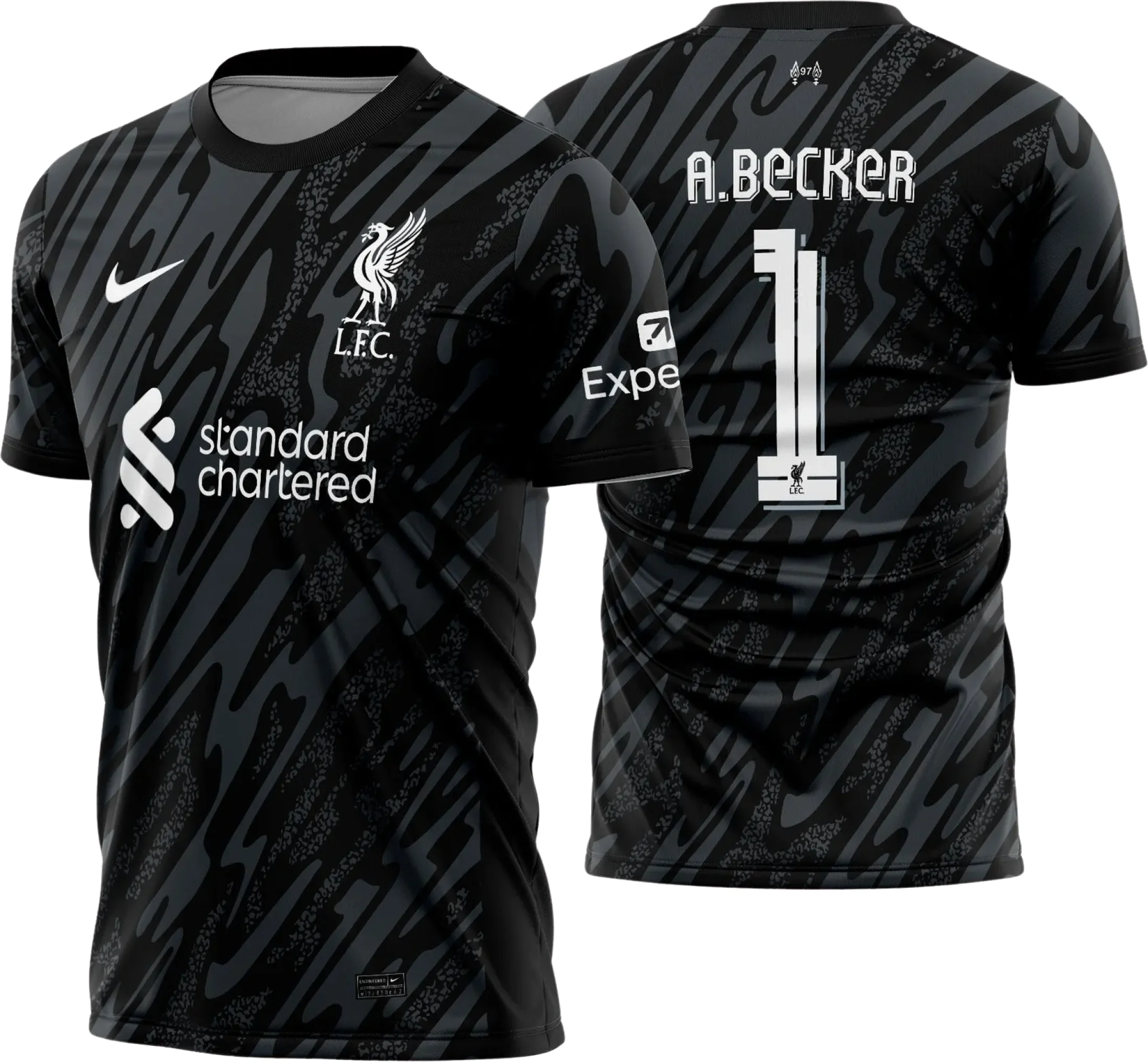 Camiseta unissex preta com logo no peito e estampa grande nas costas inspirada na camisa Liverpool Goleiro 2024 2025, ideal para fãs e colecionadores.