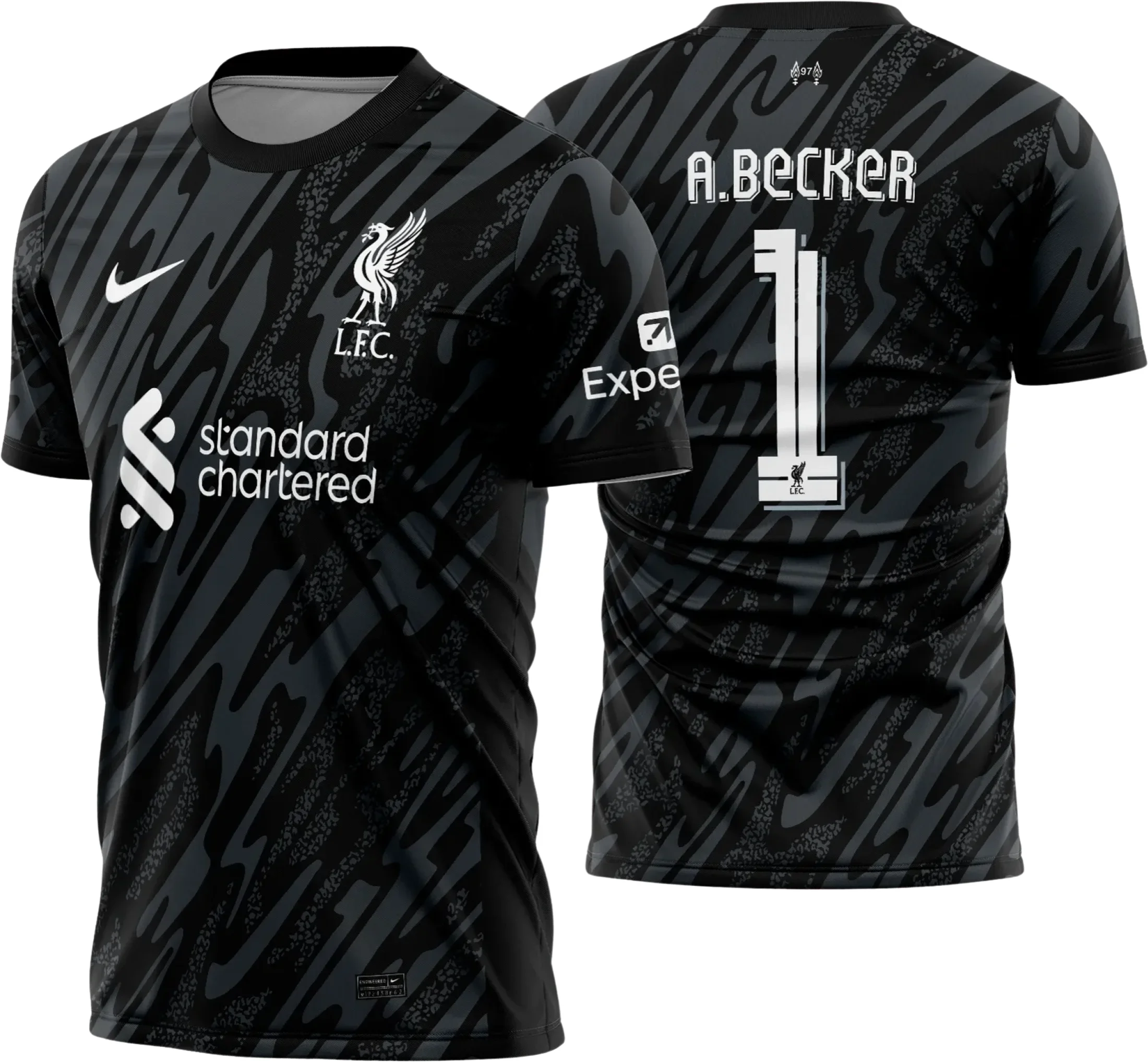 Camiseta unissex preta com logo no peito e estampa grande nas costas tema Liverpool Goleiro 2024 2025, perfeita para torcer com estilo e conforto.
