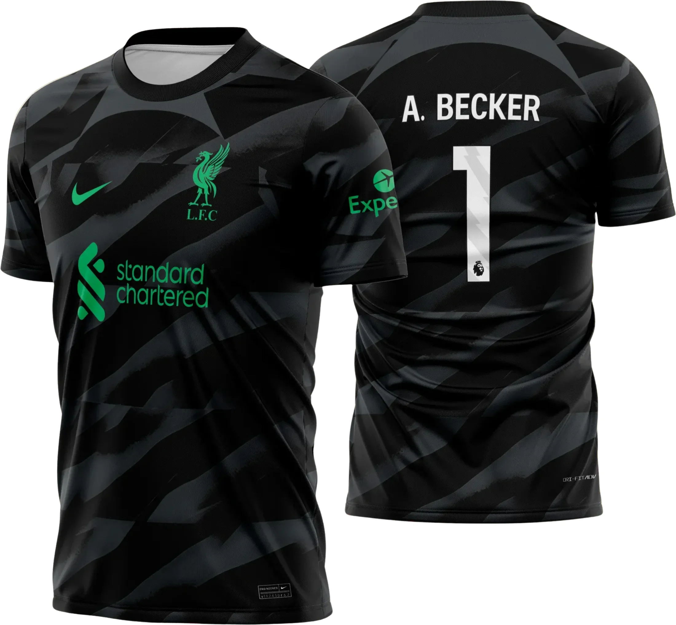 Foto de camiseta unissex preta com logo no peito e estampa grande nas costas do Liverpool goleiro 2023 2024, modelo moderno e perfeita para fãs do futebol.