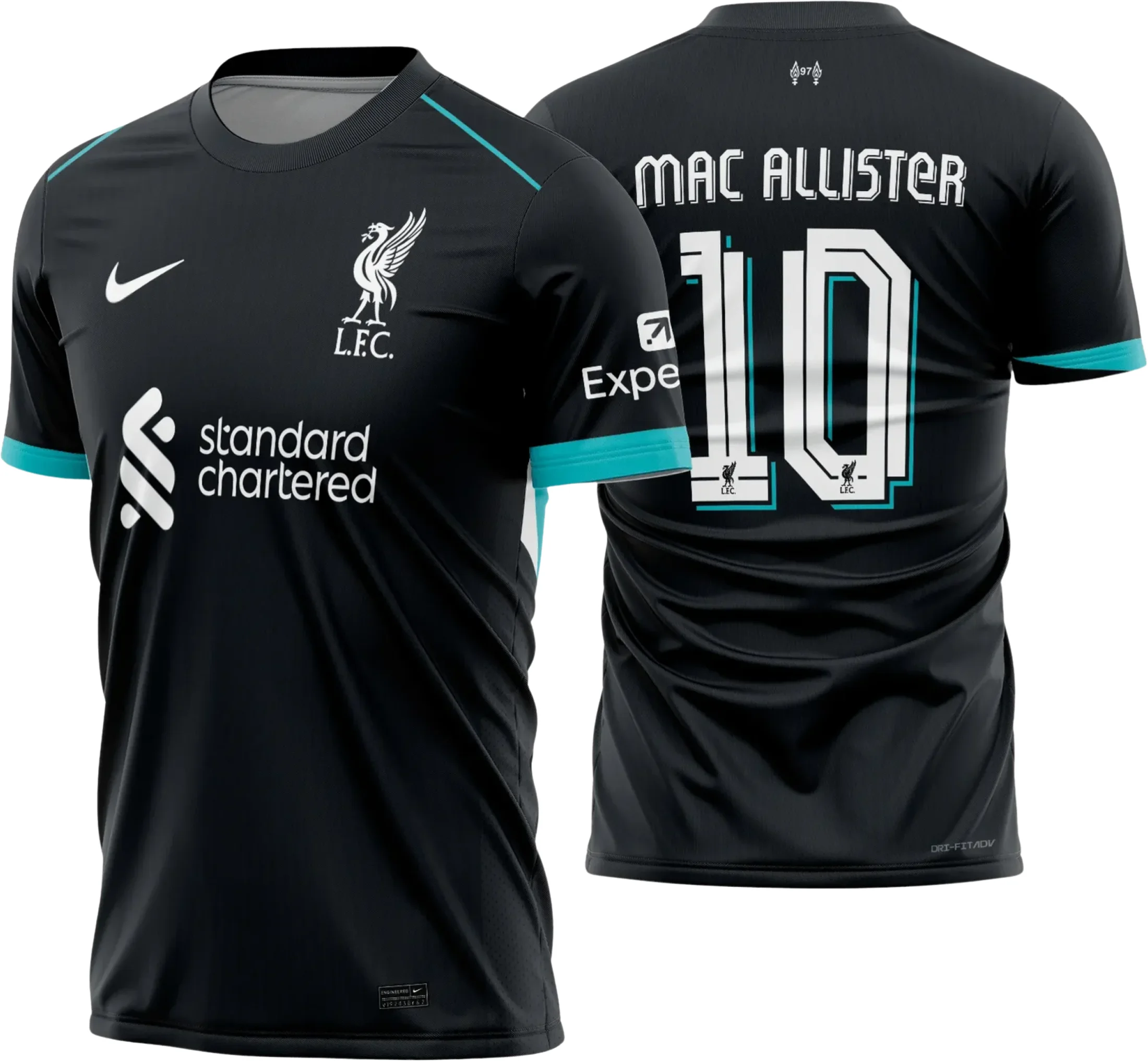 Camiseta unissex preta com logo no peito e estampa grande nas costas do Liverpool Reserva 2024 2025, design moderno e esportivo para fãs do time.