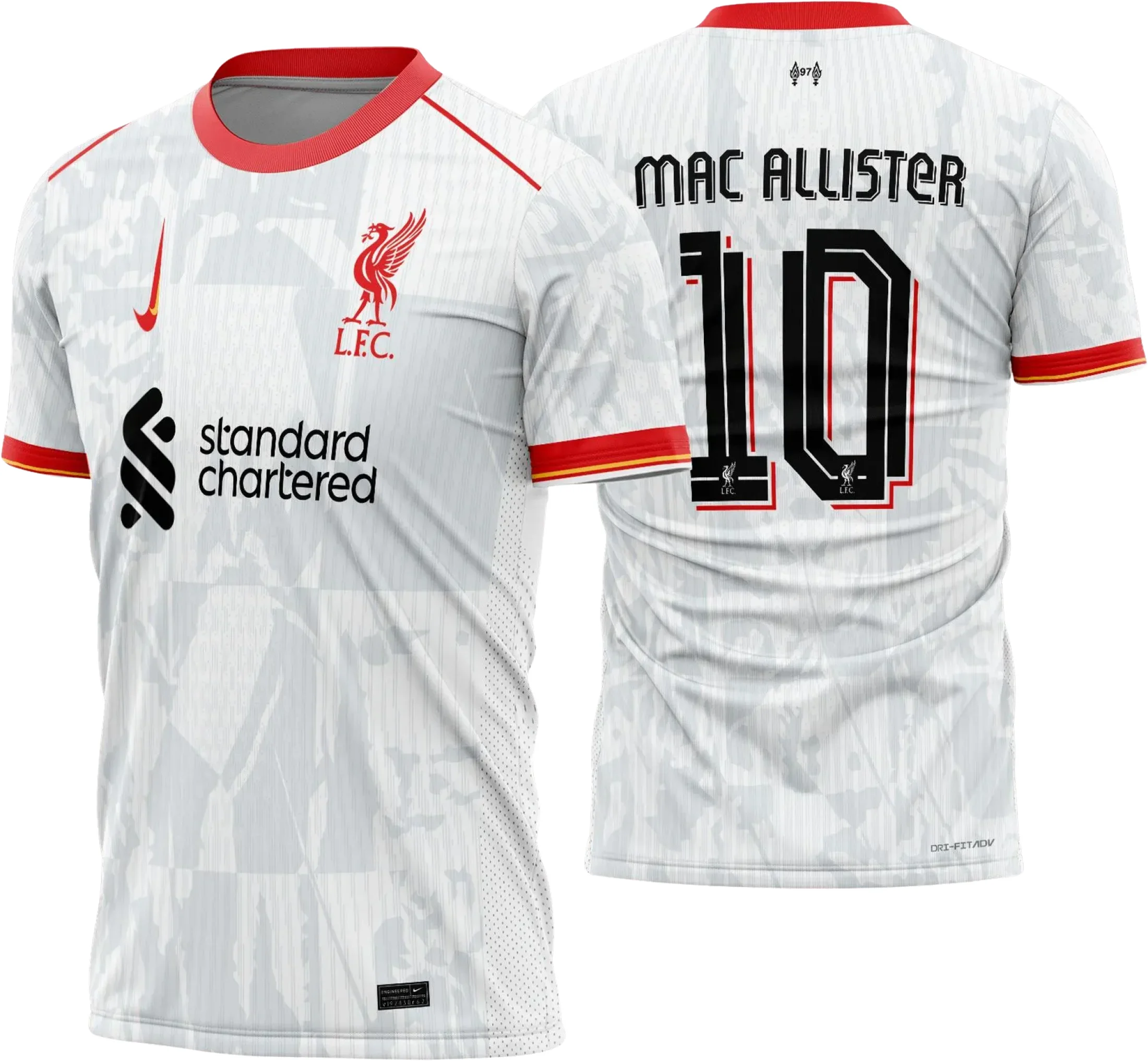 Camiseta unissex preta com logo no peito e estampa grande nas costas, tema Liverpool Terceira 2024 2025, destacando design moderno e esportivo.