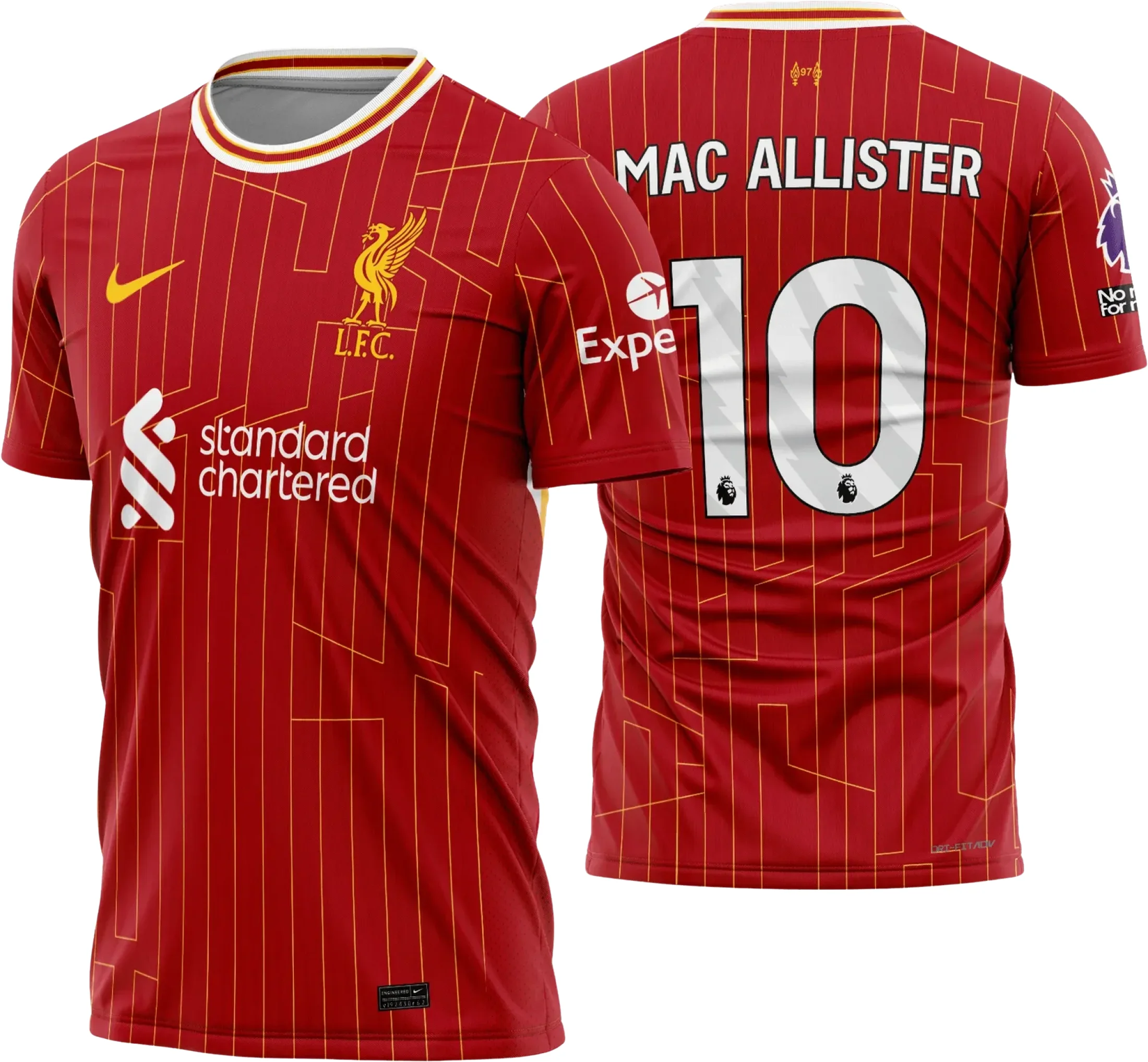 Camiseta unissex branca com logo no peito e estampa grande nas costas do Liverpool Titular 2024 2025, design moderno e vibrante para torcedores que querem mostrar paixão pelo time.