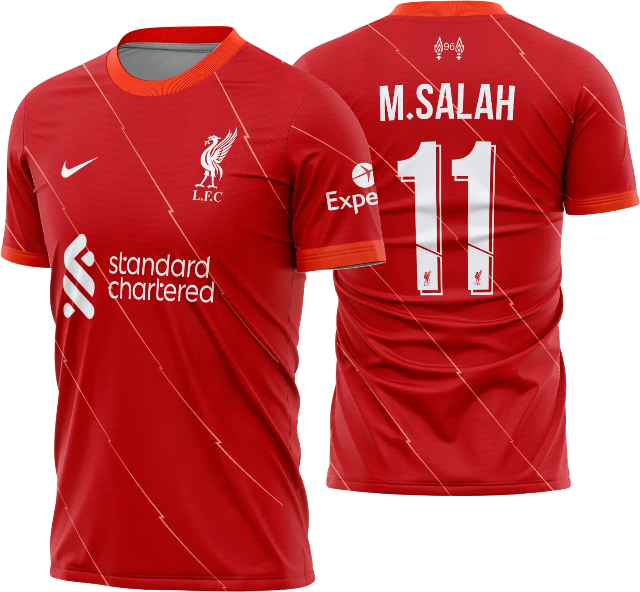 Camiseta unissex preta com logo no peito e estampa grande nas costas com tema Liverpool Titular 2021 2022, ideal para torcedores e fãs do futebol.
