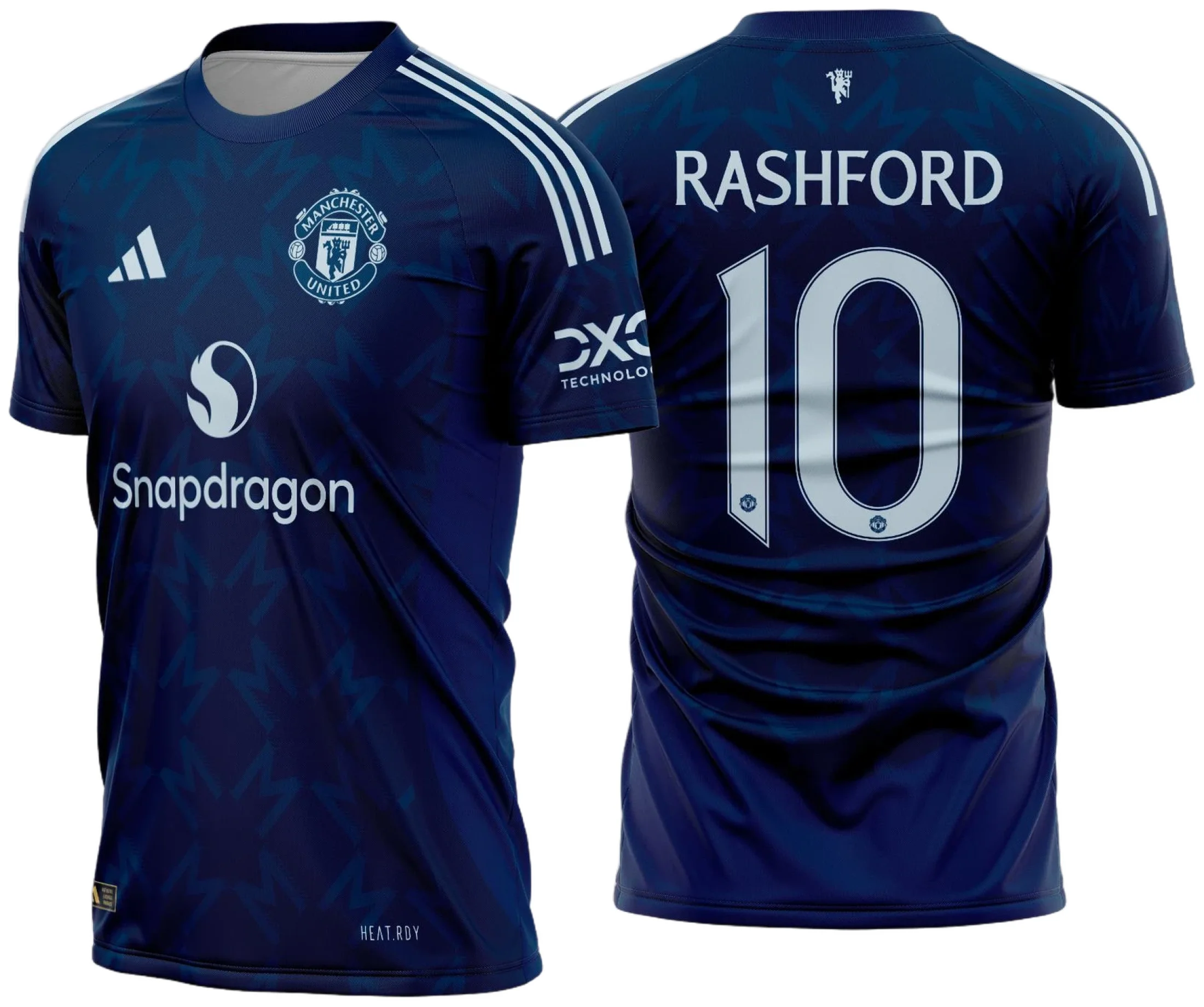 Camiseta unissex com cor base preta, logo no peito e estampa grande nas costas inspirada na Camisa Manchester United Reserva 2024 - 2025, perfeita para torcedores e fãs do futebol.