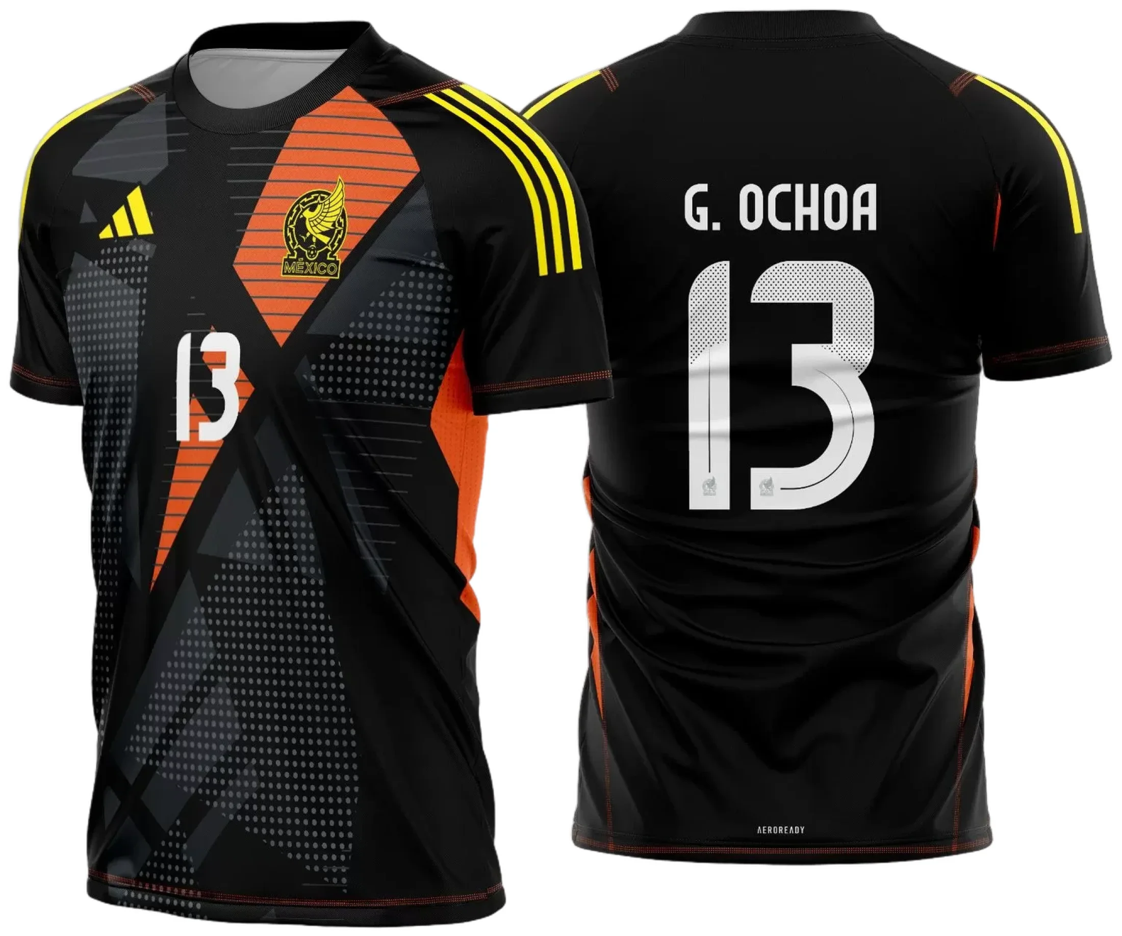 Camiseta unissex preta com logo no peito e estampa grande nas costas com tema Mexico Goleiro 2024 2025, perfeita para torcedores e fãs do futebol, estilo moderno e vibrante.