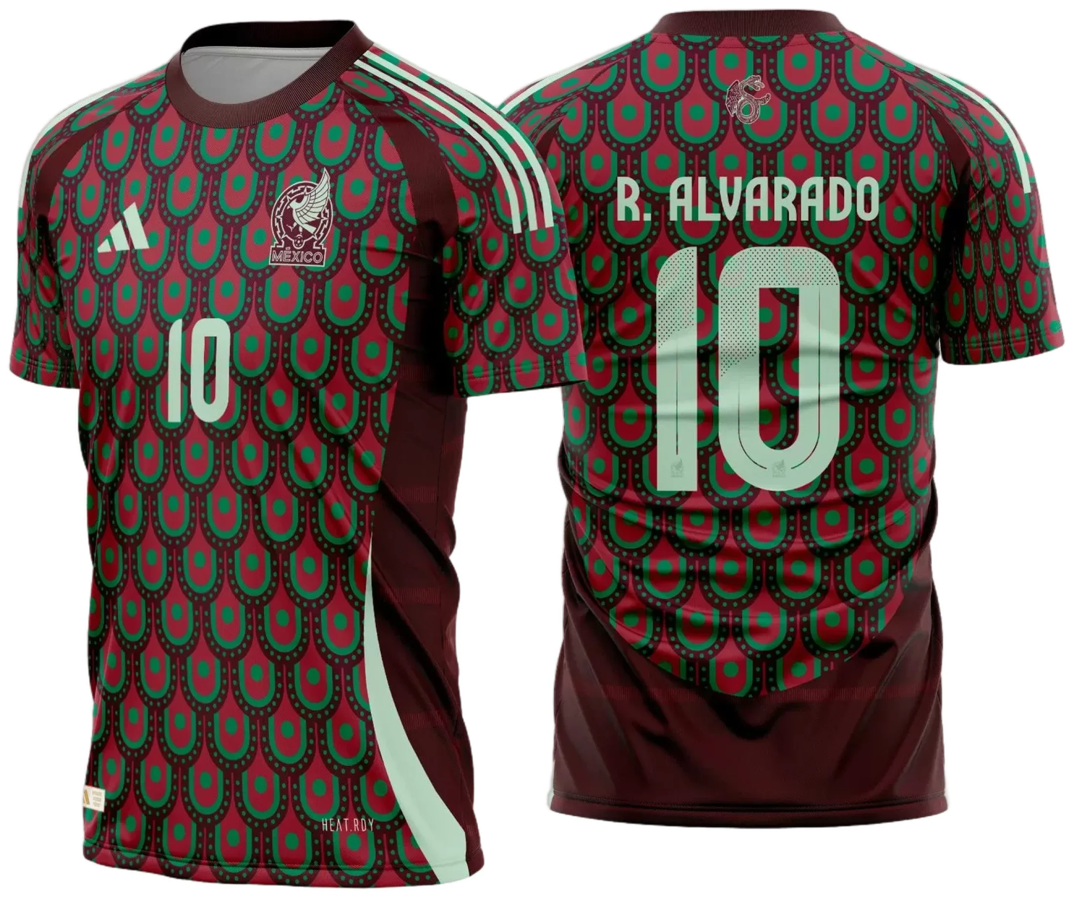 Camiseta unissex branca com logo no peito e estampa grande nas costas com tema Mexico Titular 2024 2025, mostrando design vibrante e moderno em detalhe frontal e traseiro.
