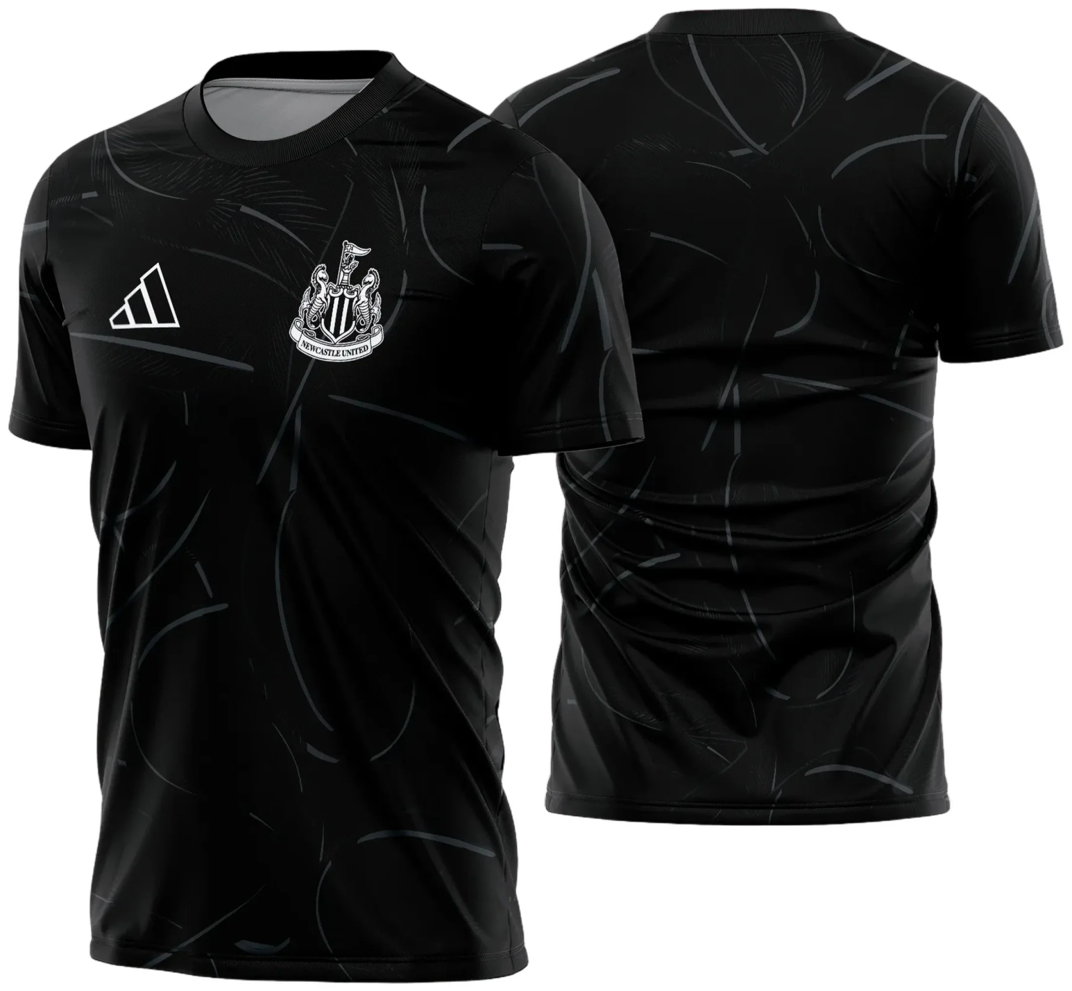 Camiseta unissex preta com logo no peito e estampa grande nas costas destacando o tema Newcastle Pré-Jogo 2024 - 2025 2, ideal para torcedores e fãs do clube.