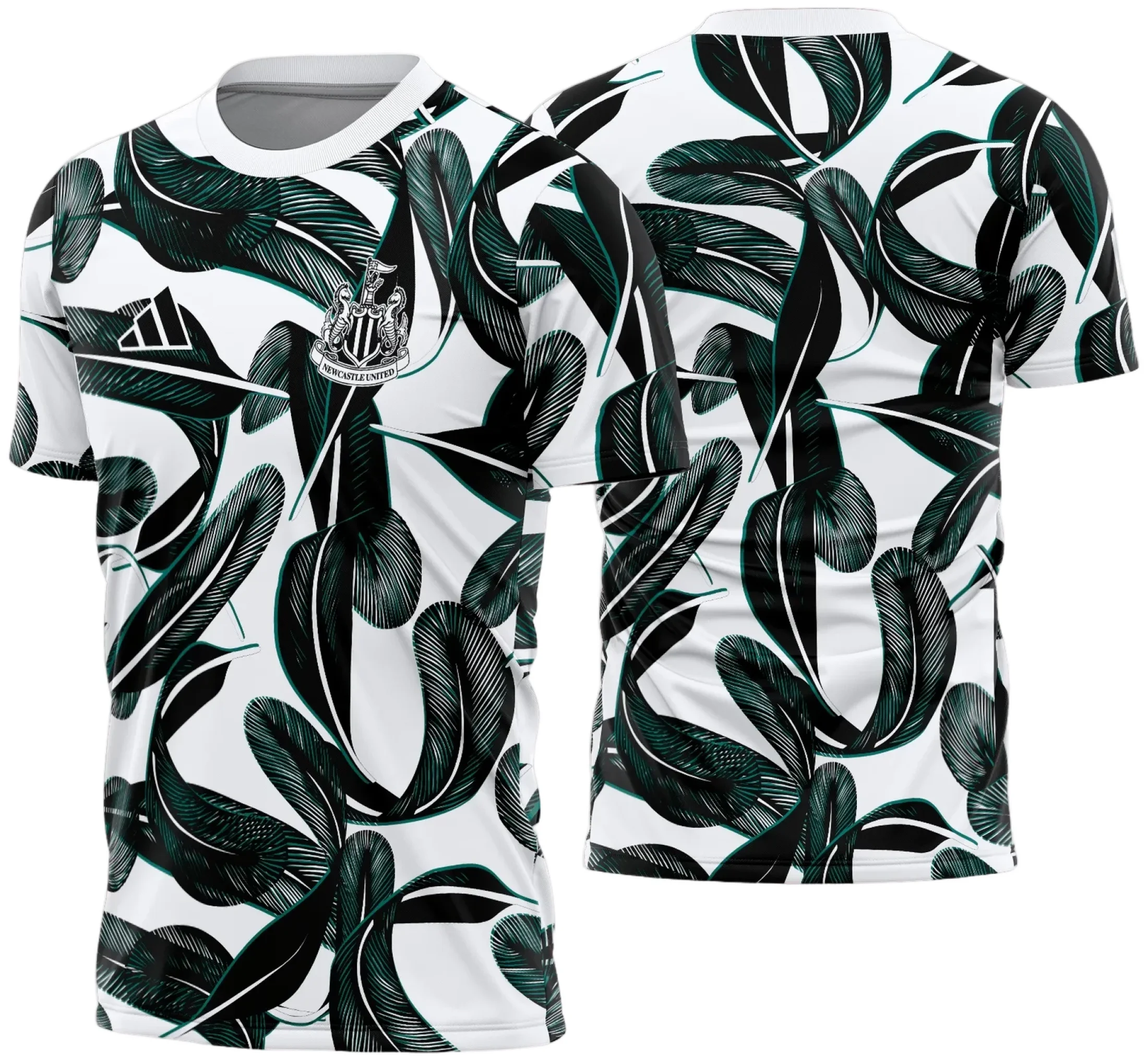 Camiseta unissex preta com logo no peito e estampa grande nas costas, tema Newcastle Pré-Jogo 2024 2025, estilo esportivo e moderno para torcedores.