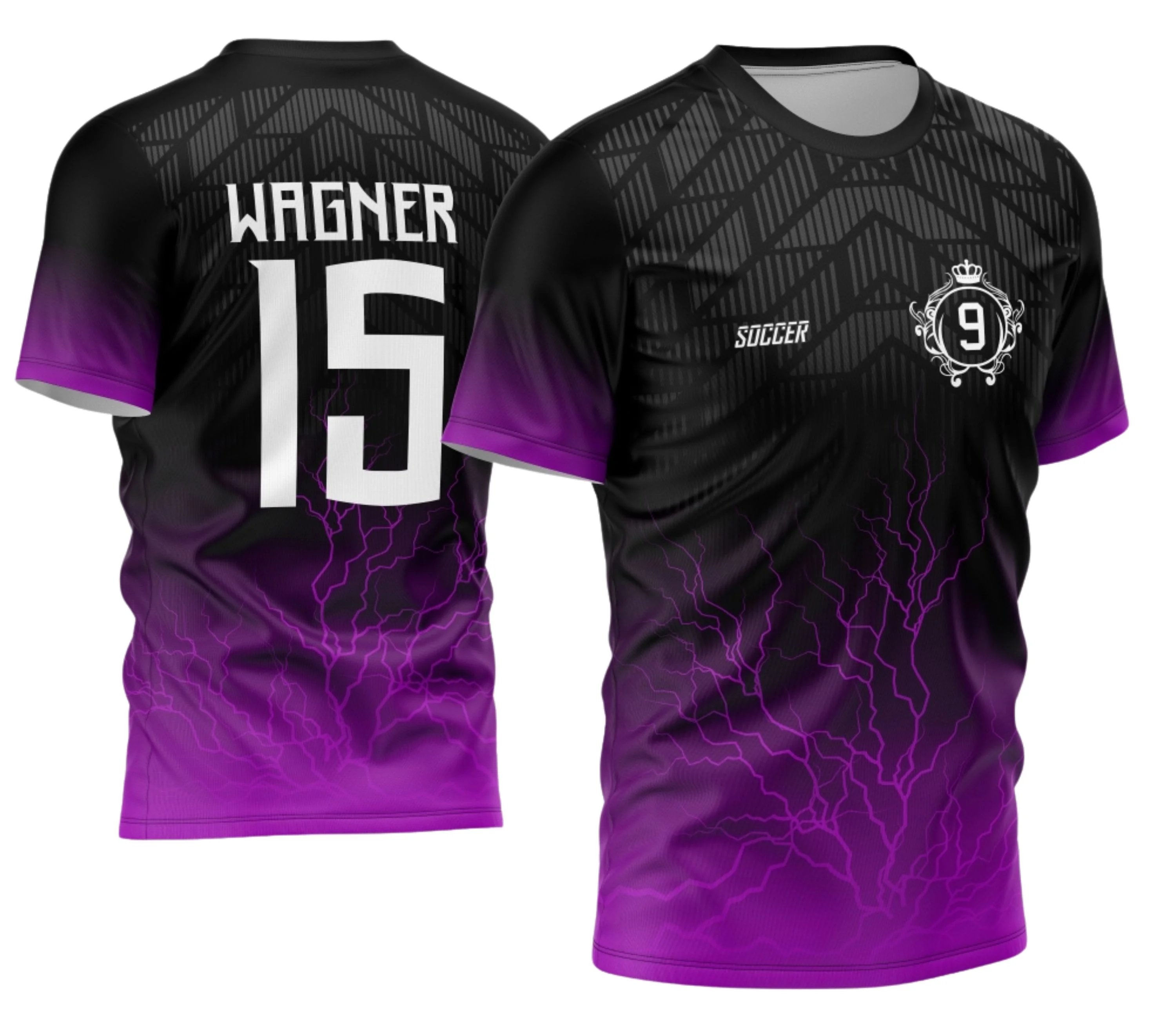 Camiseta unissex preta com logo no peito e estampa grande nas costas mostrando design de degrade e raios, ideal para turma do nono ano 2026.