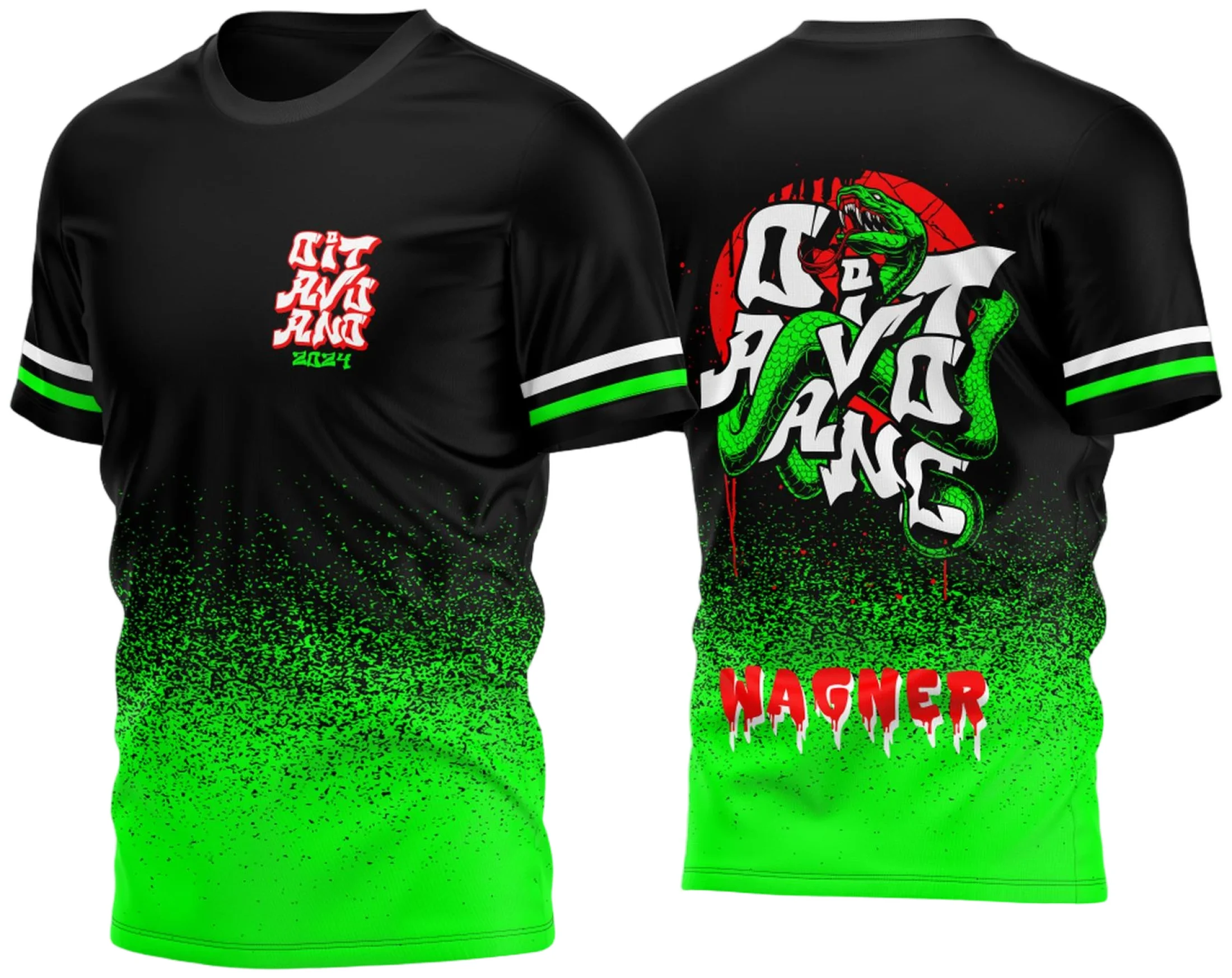 Camiseta unissex preta com logo no peito e estampa grande nas costas, tema Oitavo Ano 2024 Cobra, ideal para uso escolar ou eventos comemorativos.