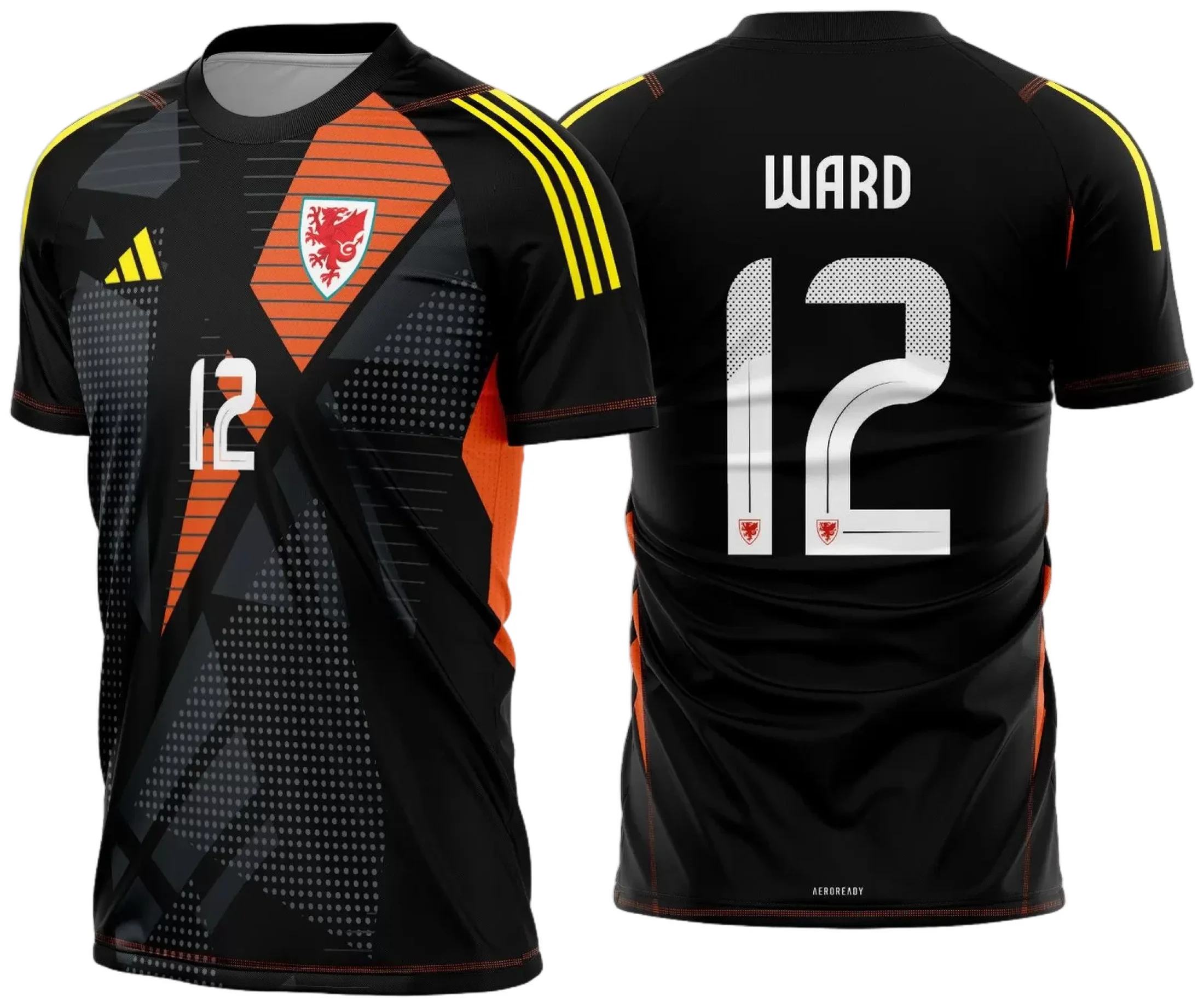 Camiseta unissex preta com logo no peito e estampa grande nas costas mostrando o tema Pais de Gales goleiro 2024 2025, perfeita para torcedores apaixonados por futebol.