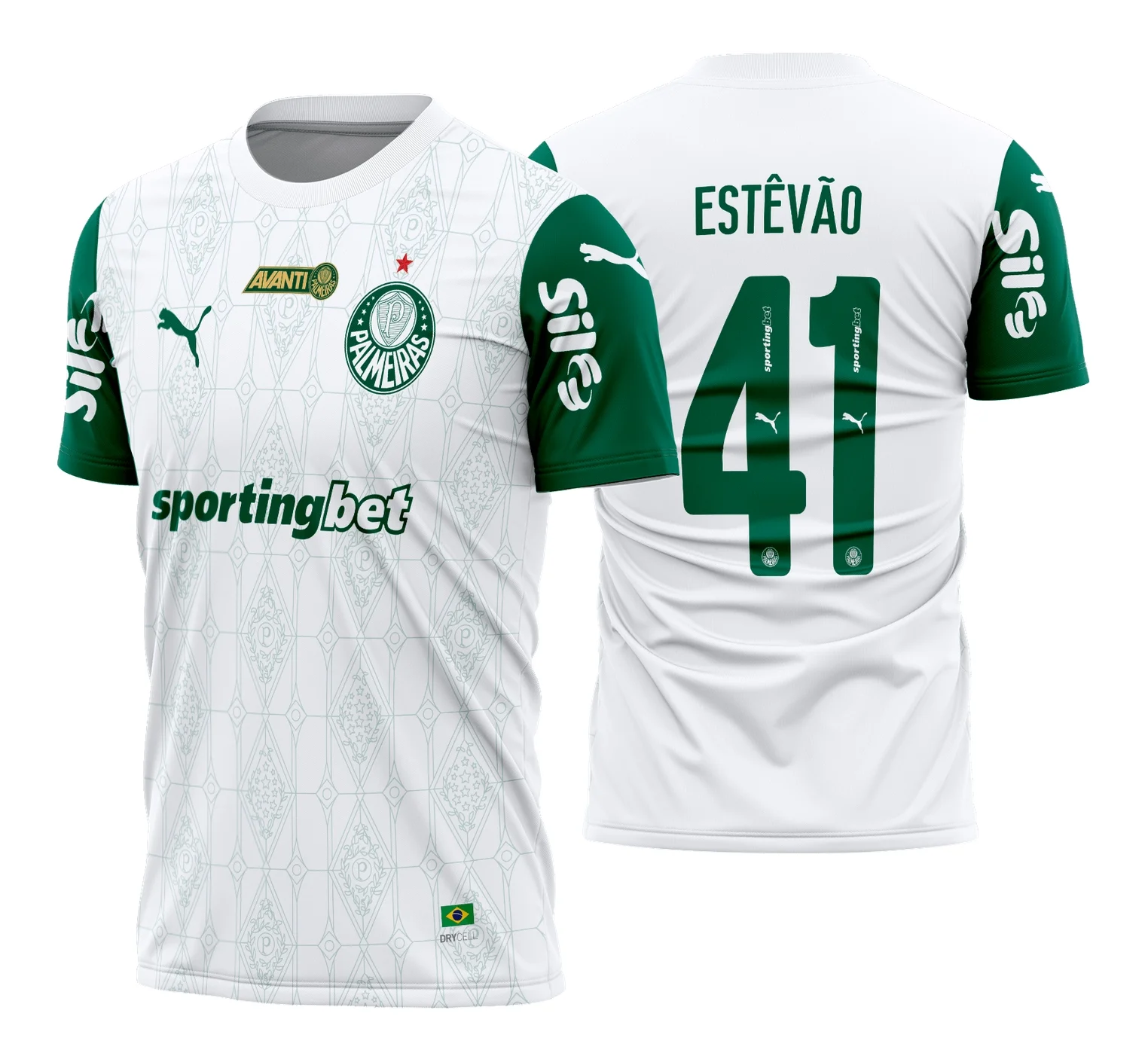 Foto de camiseta unissex preta com logo no peito e estampa grande nas costas inspirada na Camisa Palmeiras Reserva 2025 2026, detalhes vibrantes e design moderno para torcedores.