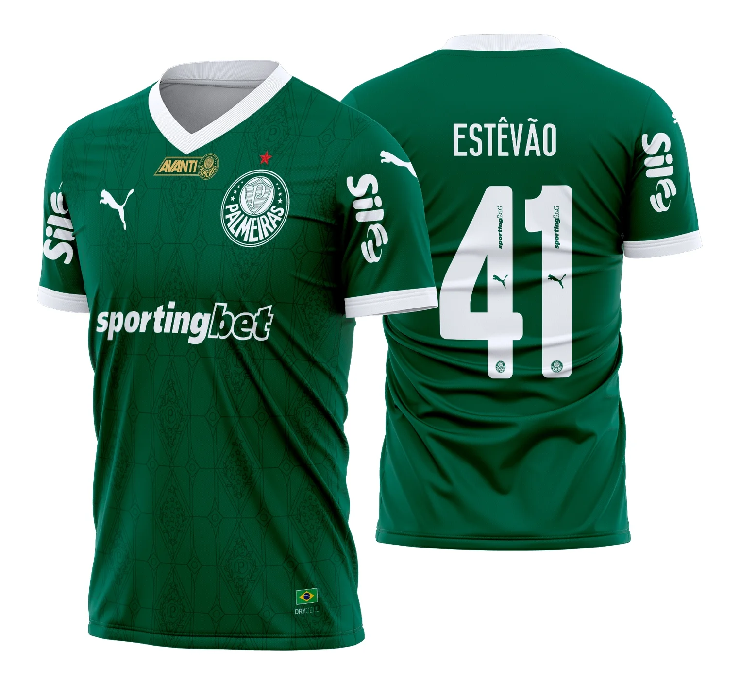 Camiseta unissex com cor base preta, logo no peito e estampa grande nas costas mostrando o design da Camisa Palmeiras Titular 2025 2026, perfeita para torcer com estilo e conforto.