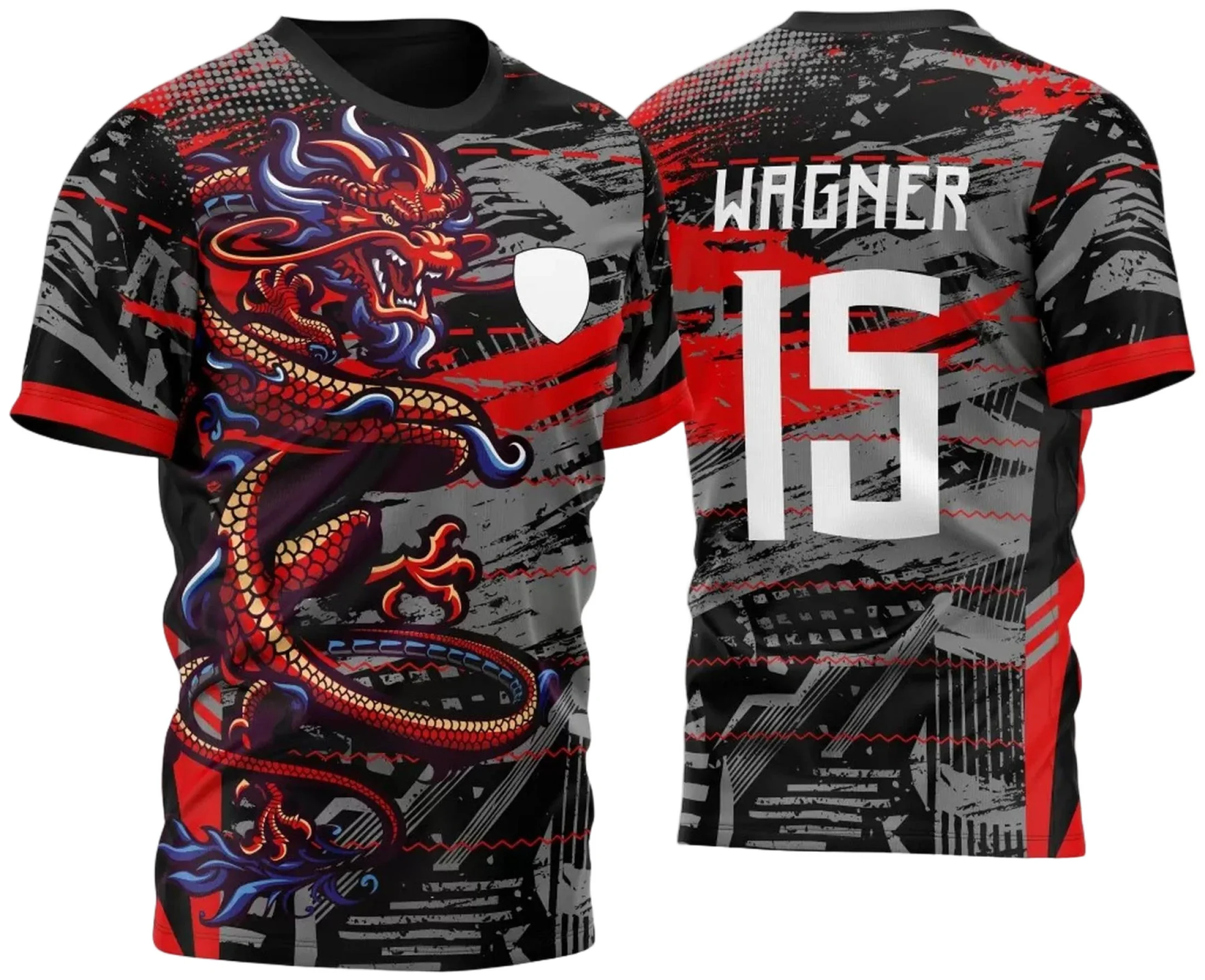 Camiseta unissex preta com logo no peito e estampa grande nas costas com tema Dragão Vermelho Chinês 2023, ideal para atléticas acadêmicas, design vibrante e marcante.