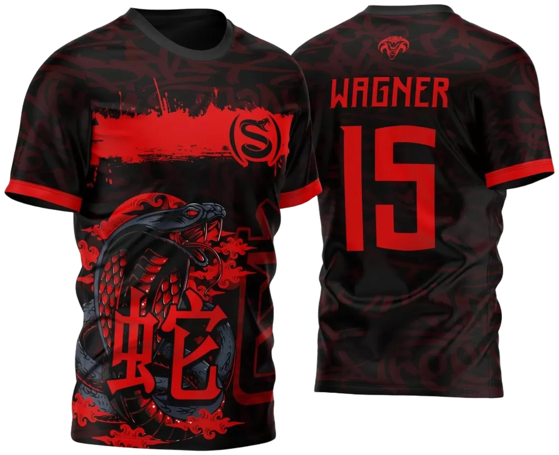 Camiseta unissex preta com logo no peito e estampa grande nas costas temática para Atlética Acadêmica e InterClasse Cobra Naja M2 2023, design moderno e impactante para uso em eventos e atividades.