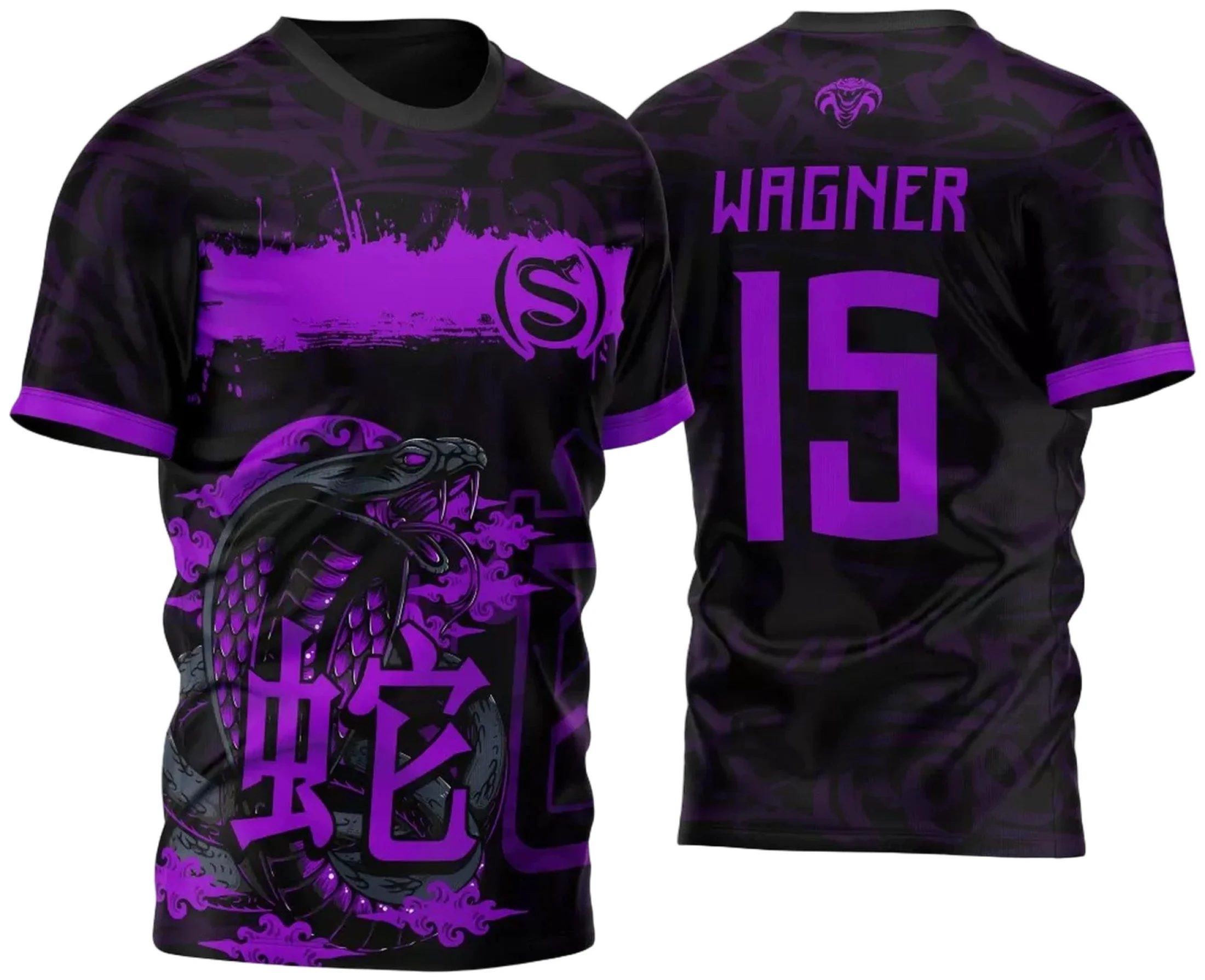 Camiseta preta unissex com logo no peito e estampa grande nas costas, tema Atlética Acadêmica e InterClasse Cobra Naja M2 2023, ideal para eventos e competições.