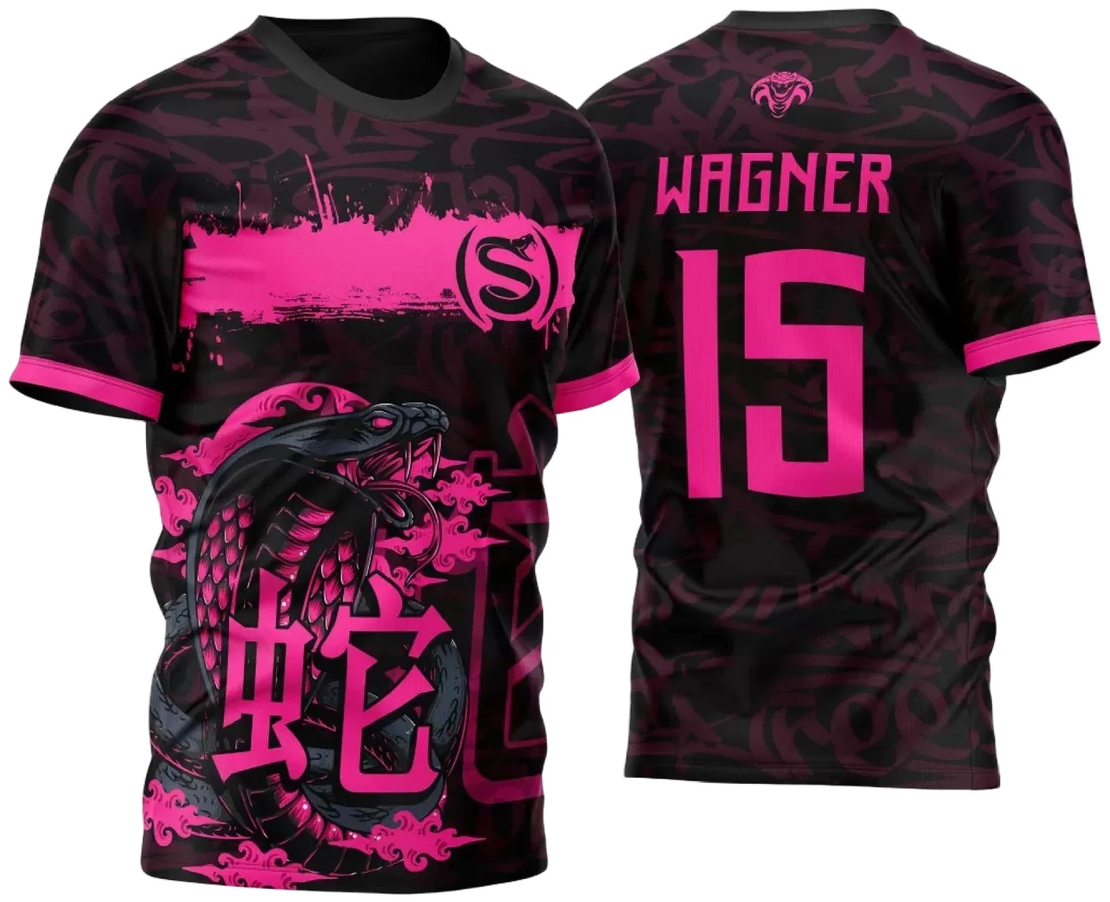 Camiseta unissex preta com logo no peito e estampa grande nas costas da temática Atlética Acadêmica Cobra Naja M2 2023, perfeita para eventos escolares e esportivos.