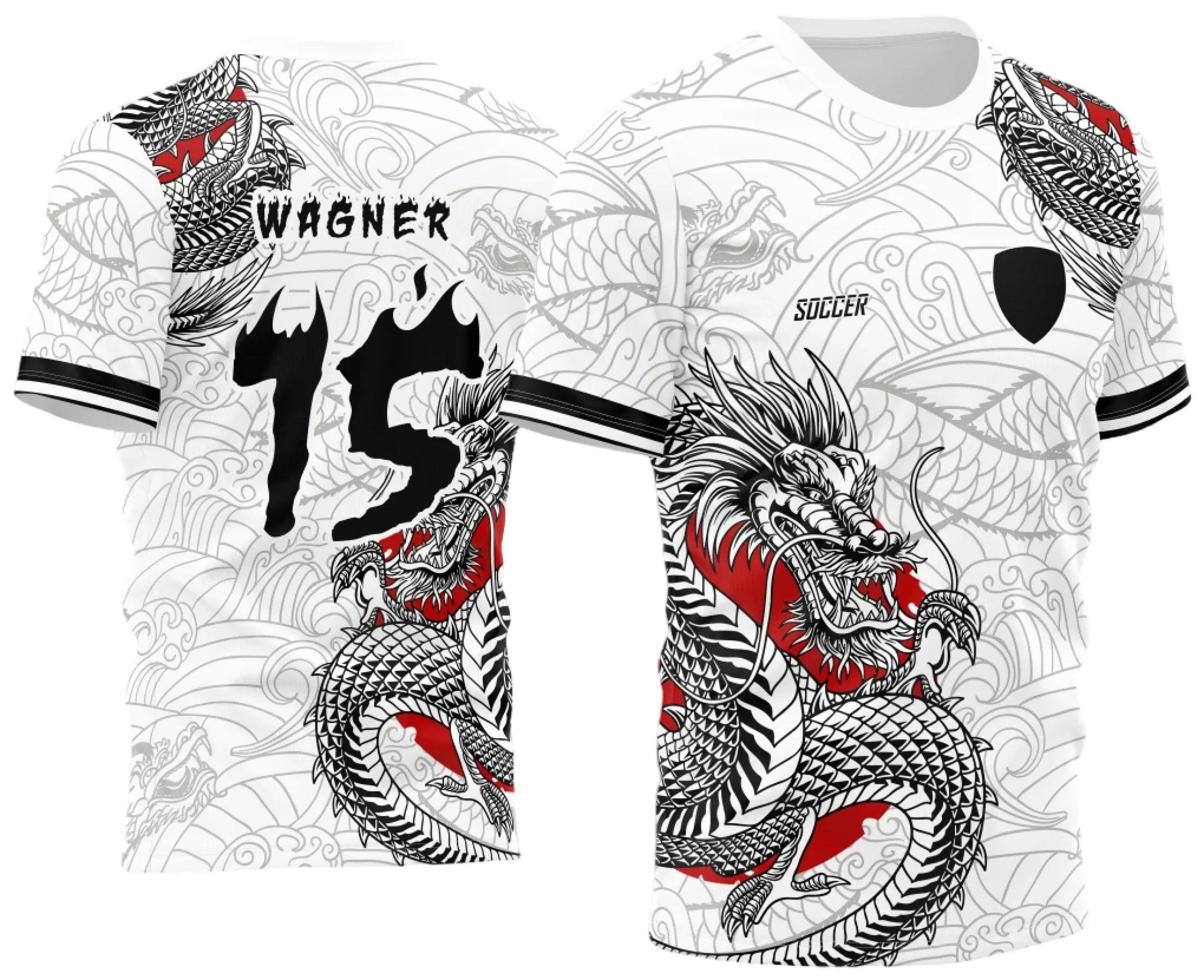 Camiseta unissex preta com logo no peito e estampa grande nas costas destacando tema Dragão 2023 para Atlética Acadêmica e InterClasse