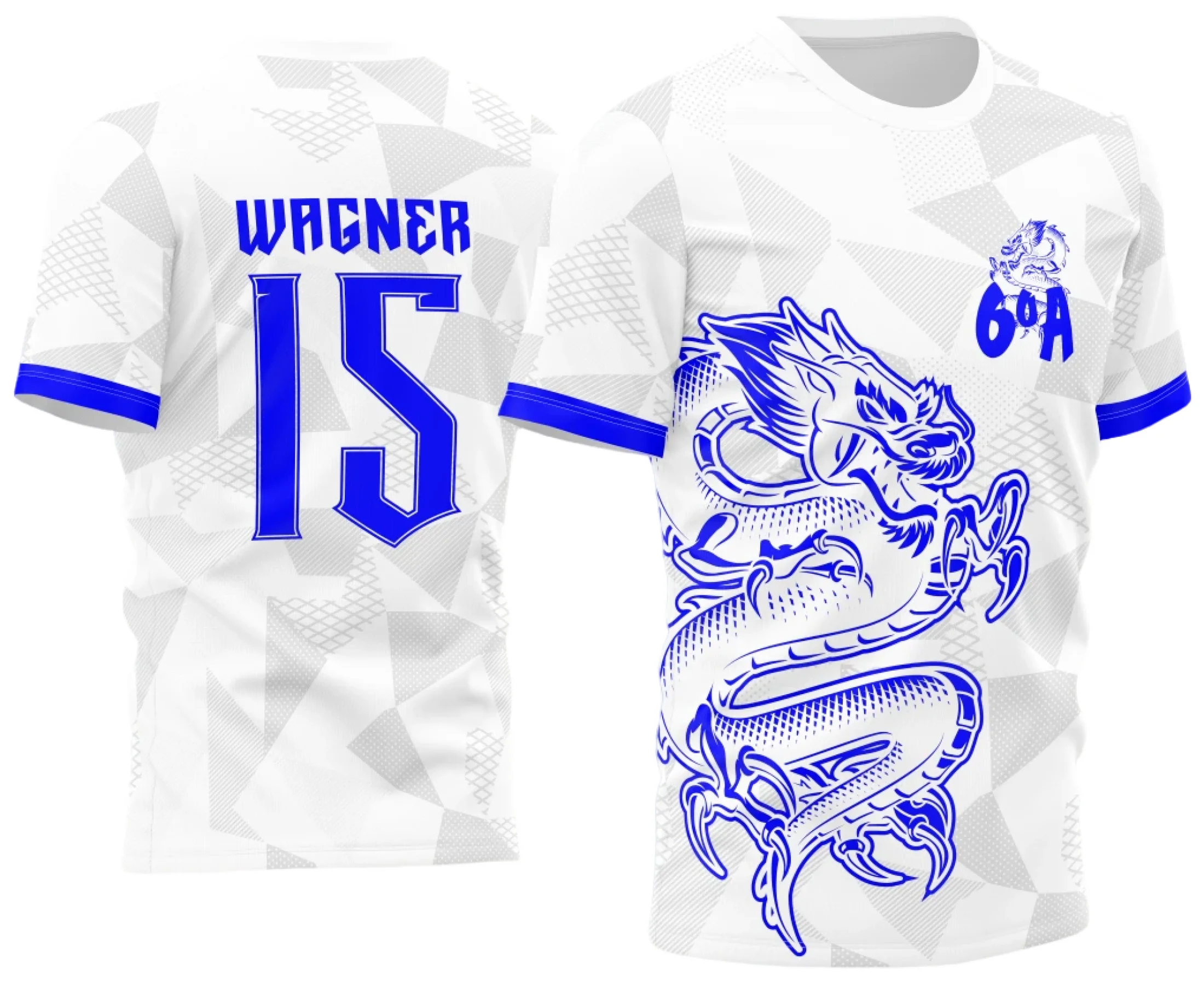 Camiseta unissex branca com logo no peito e estampa grande nas costas, tema Atlética Acadêmica e InterClasse Dragão em azul, perfeita para o sexto ano 2023.