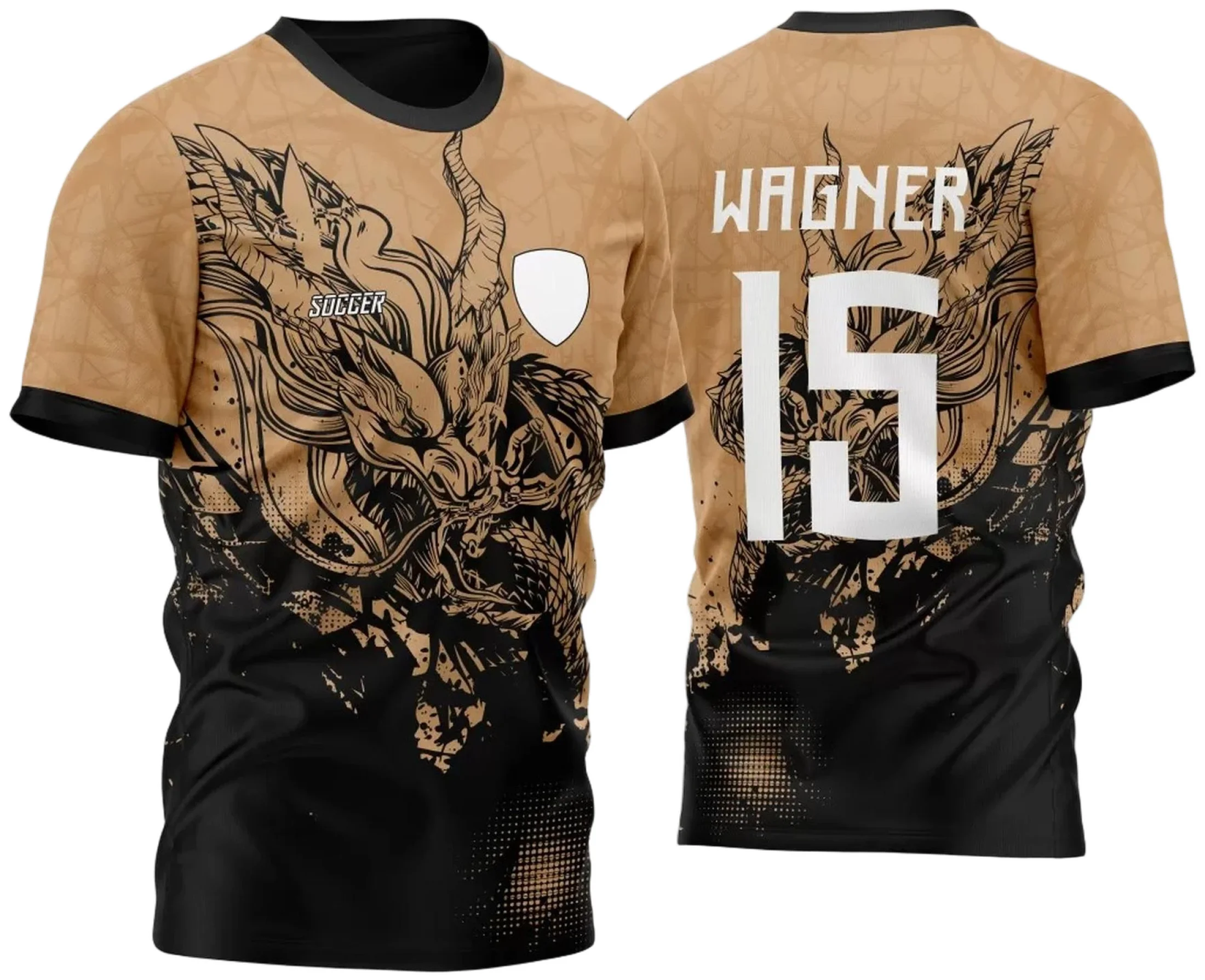 Camiseta unissex preta com logo no peito e estampa grande nas costas mostrando o tema para atlética acadêmica e interclasse Dragão Grunge M2 2023, ideal para times e campeonatos.