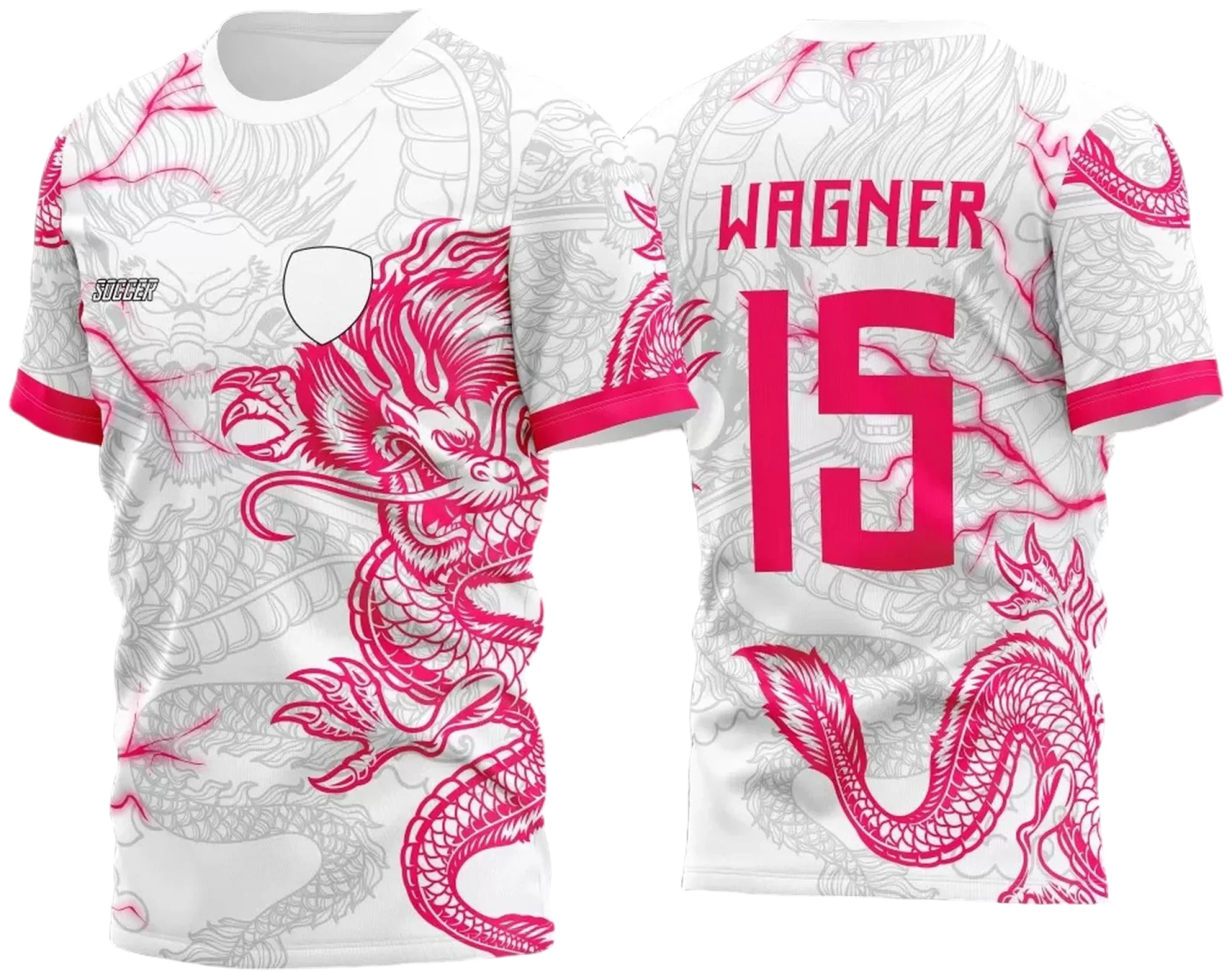 Camiseta unissex preta com logo no peito e estampa grande nas costas do tema Dragão Raios M3 Rosa 2023, ideal para atlética acadêmica e jogos interclasse.