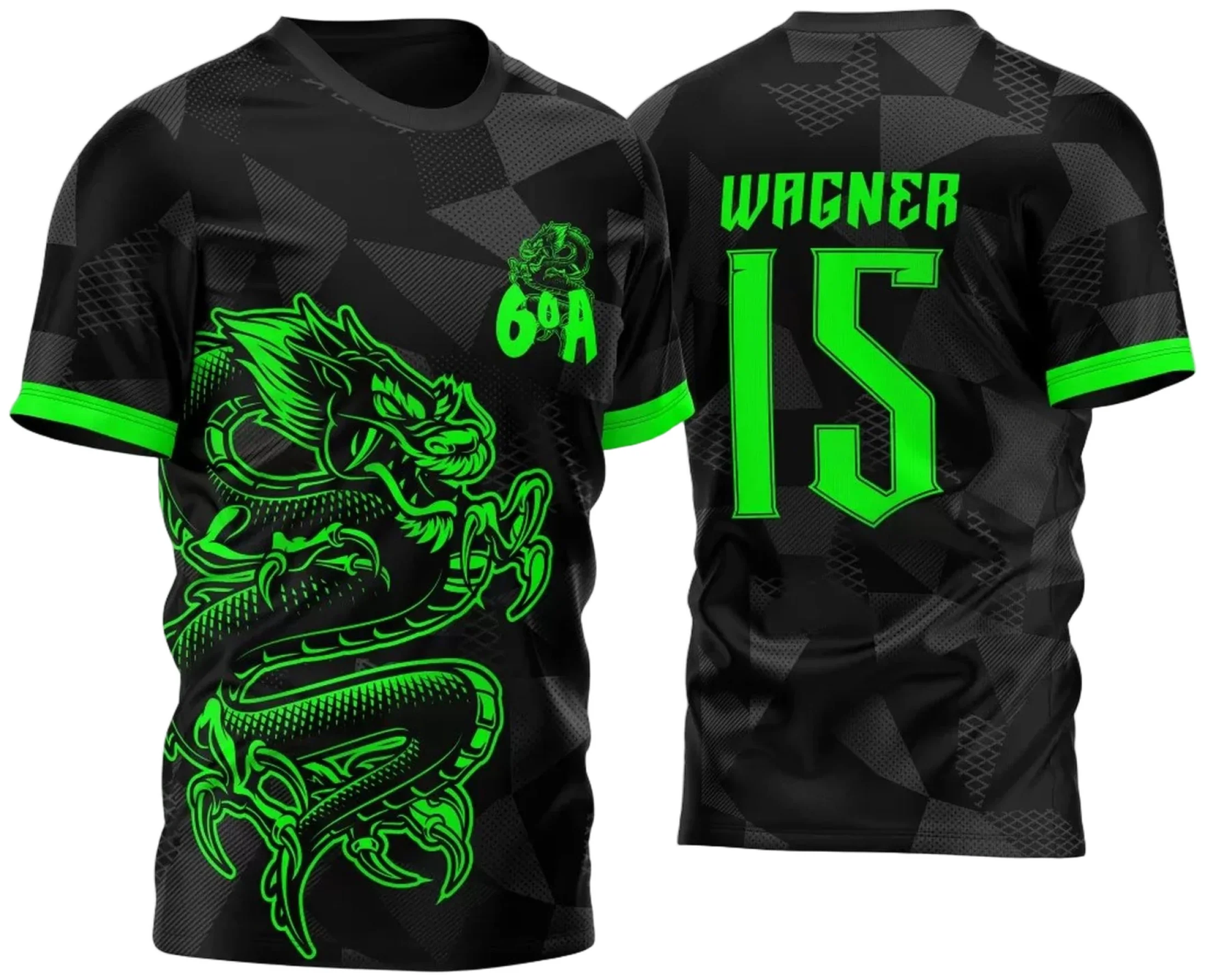 Camiseta unissex branca com logo no peito e estampa grande nas costas destacando o tema Atlética Acadêmica e InterClasse Dragão Verde Sexto Ano 2023, perfeita para uso escolar e eventos.