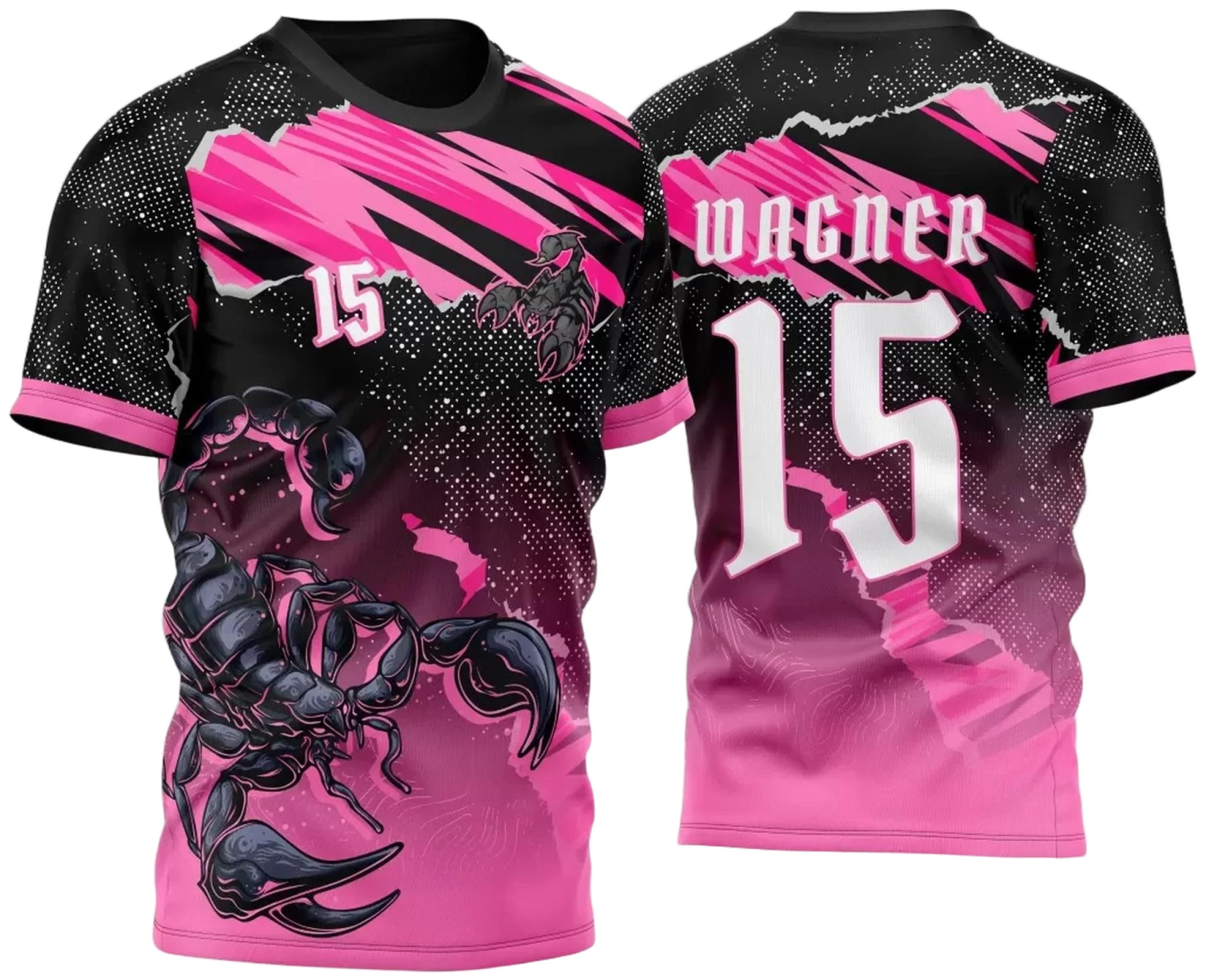 Camiseta unissex preta com logo no peito e estampa grande nas costas que destaca o tema Atlética Acadêmica e InterClasse Escorpião 2023, ideal para eventos estudantis.