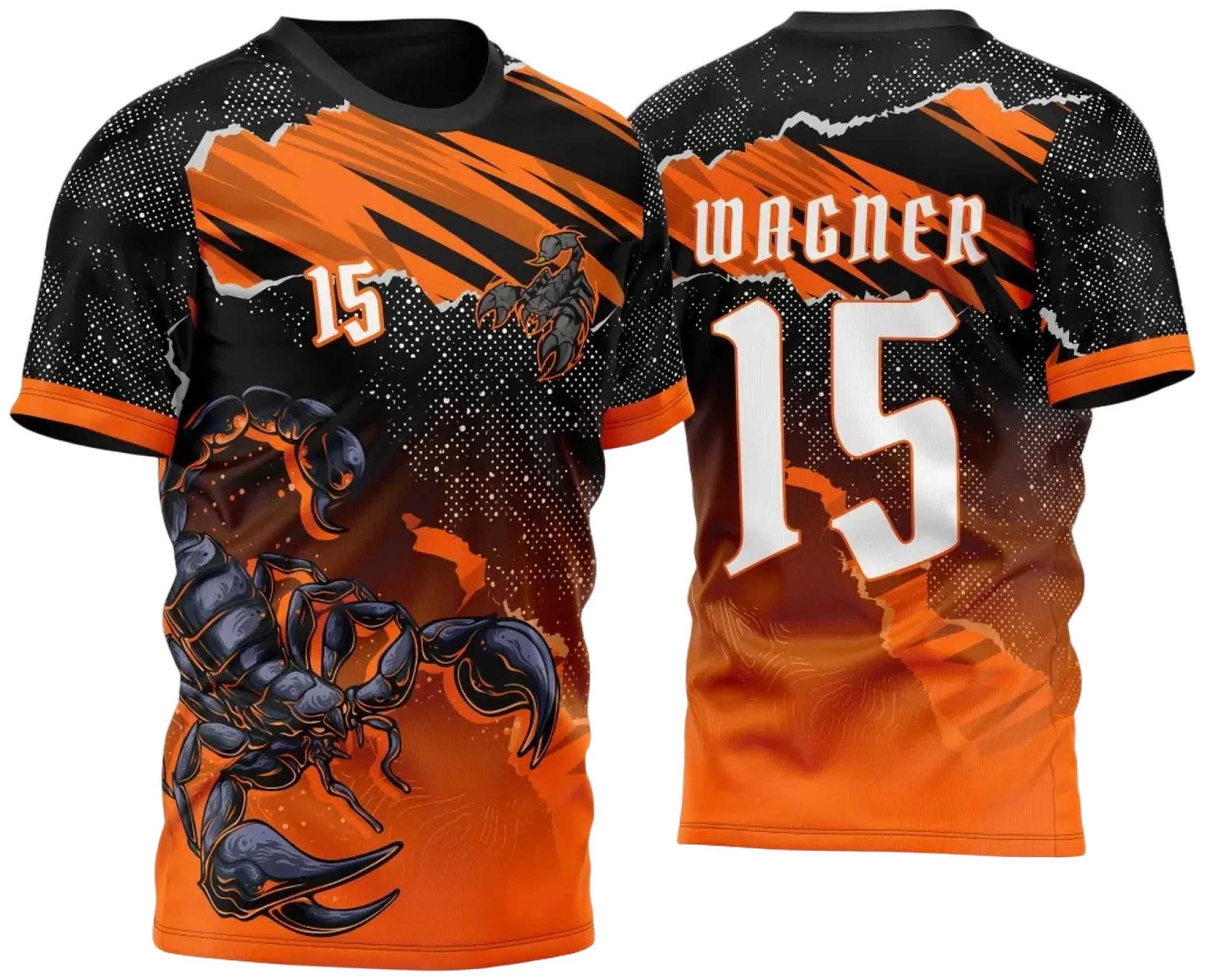 Camiseta unissex preta com logo no peito e estampa grande nas costas do Escorpião 2023 para Atlética Acadêmica e InterClasse, design moderno e marcante.