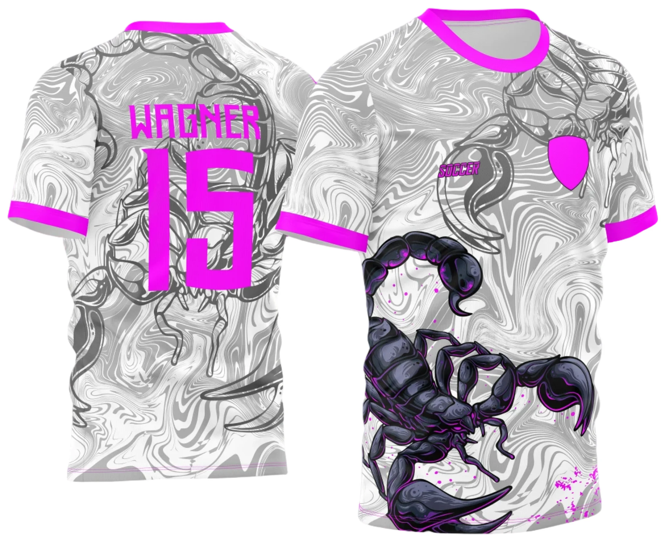 Camiseta unissex preta com logo no peito e estampa grande nas costas do Escorpião 2023, estilo para atlética acadêmica e interclasse.