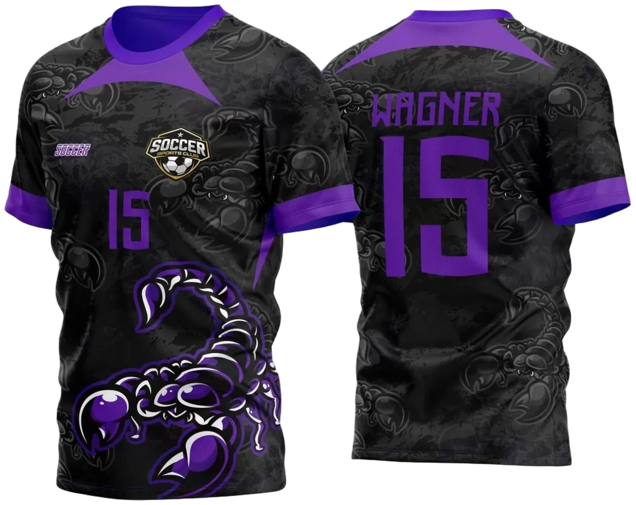 Camiseta unissex preta com logo no peito e estampa grande nas costas do Escorpião 2023 para Atlética Acadêmica e InterClasse, estilo moderno e vibrante, perfeita para eventos universitários.