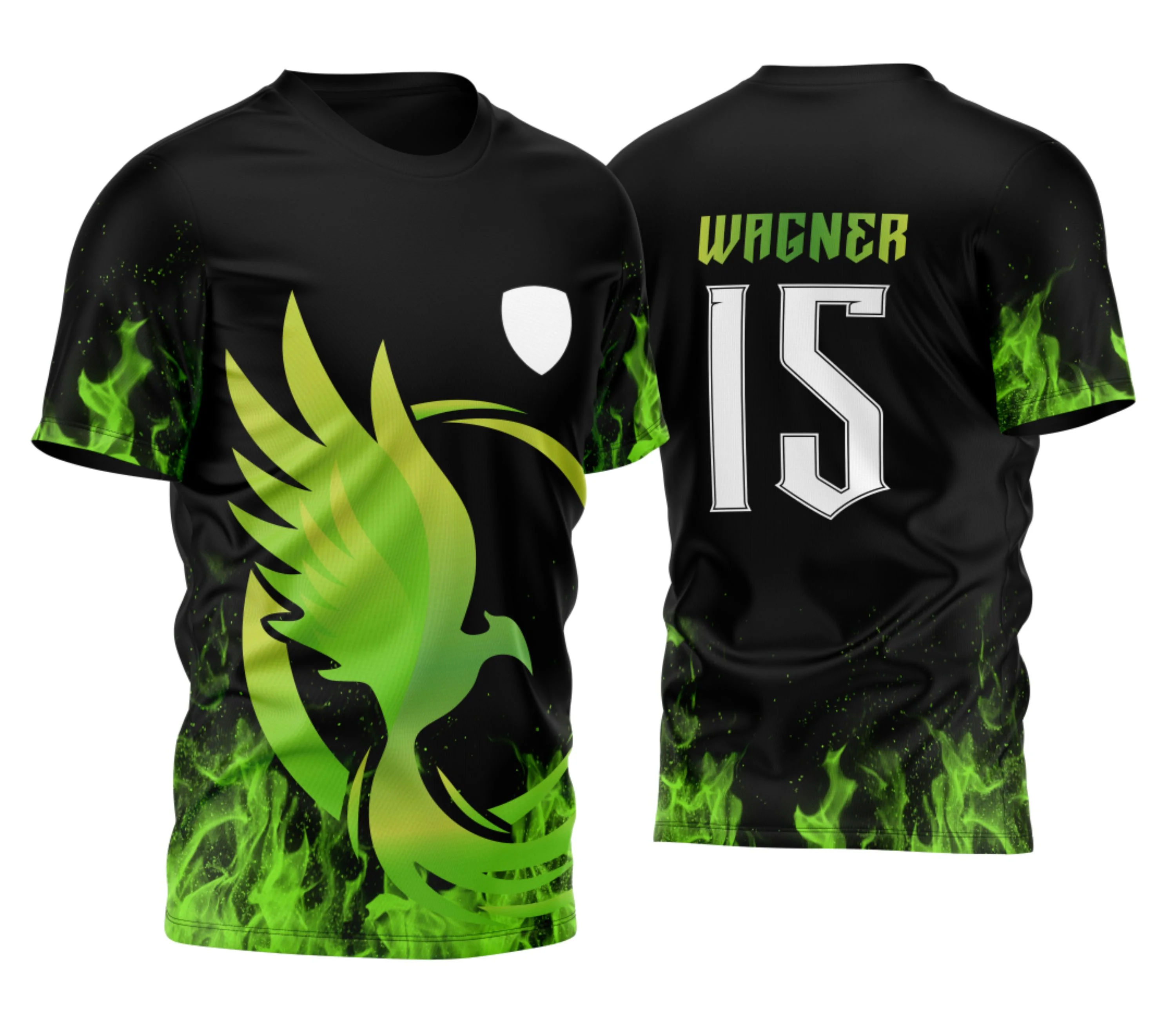 Camiseta unissex preta com logo no peito e estampa grande nas costas sobre o tema Camisa Para Atlética Acadêmica e InterClasse Fenix 2023, ideal para eventos acadêmicos e interclasses.