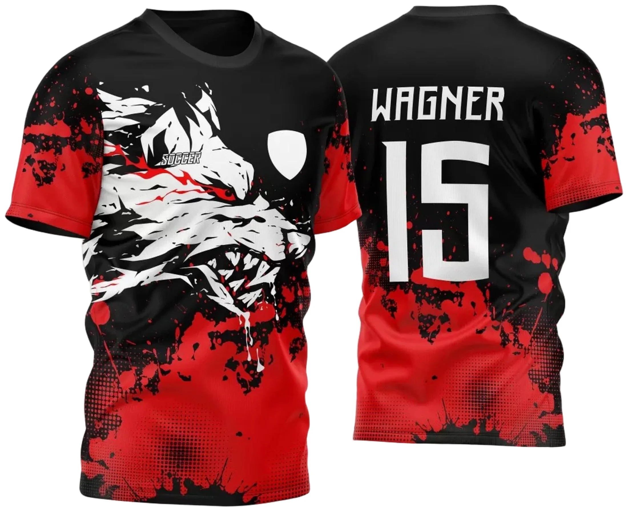 Camiseta unissex preta com logo no peito e estampa grande nas costas, temática Atlética Acadêmica e InterClasse Lobo de Sangue M2 2023, perfeita para eventos esportivos e universitários.