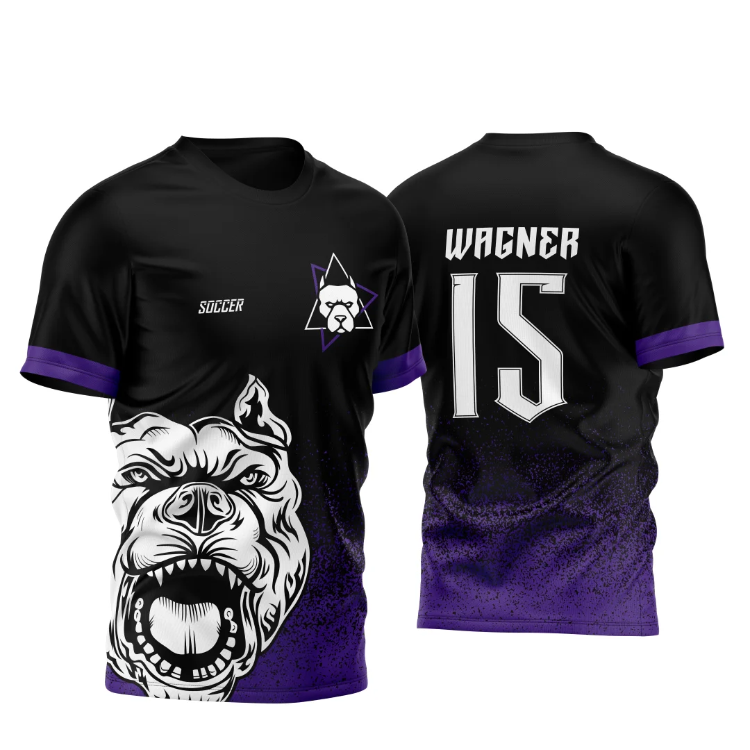 Camiseta unissex preta com logo no peito e estampa grande nas costas tema Atlética Acadêmica e InterClasse PitBull 2025, estilo moderno e gola careca, ideal para eventos esportivos.