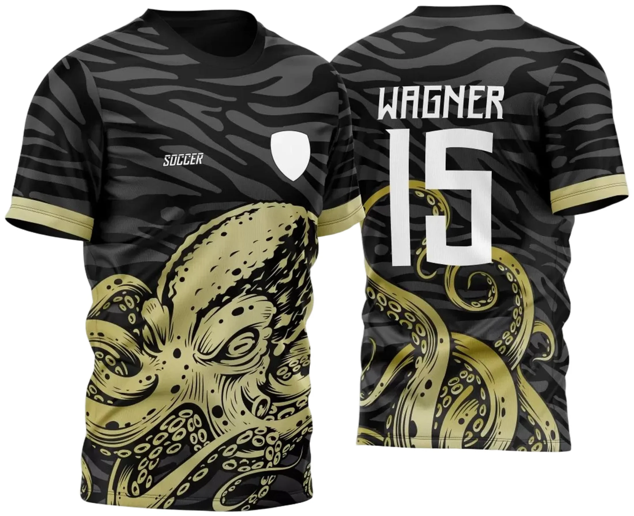 Camiseta unissex preta com logo no peito e estampa grande nas costas do Polvo Dourado para InterClasse 2023, destacando design vibrante e tema aquático moderno.