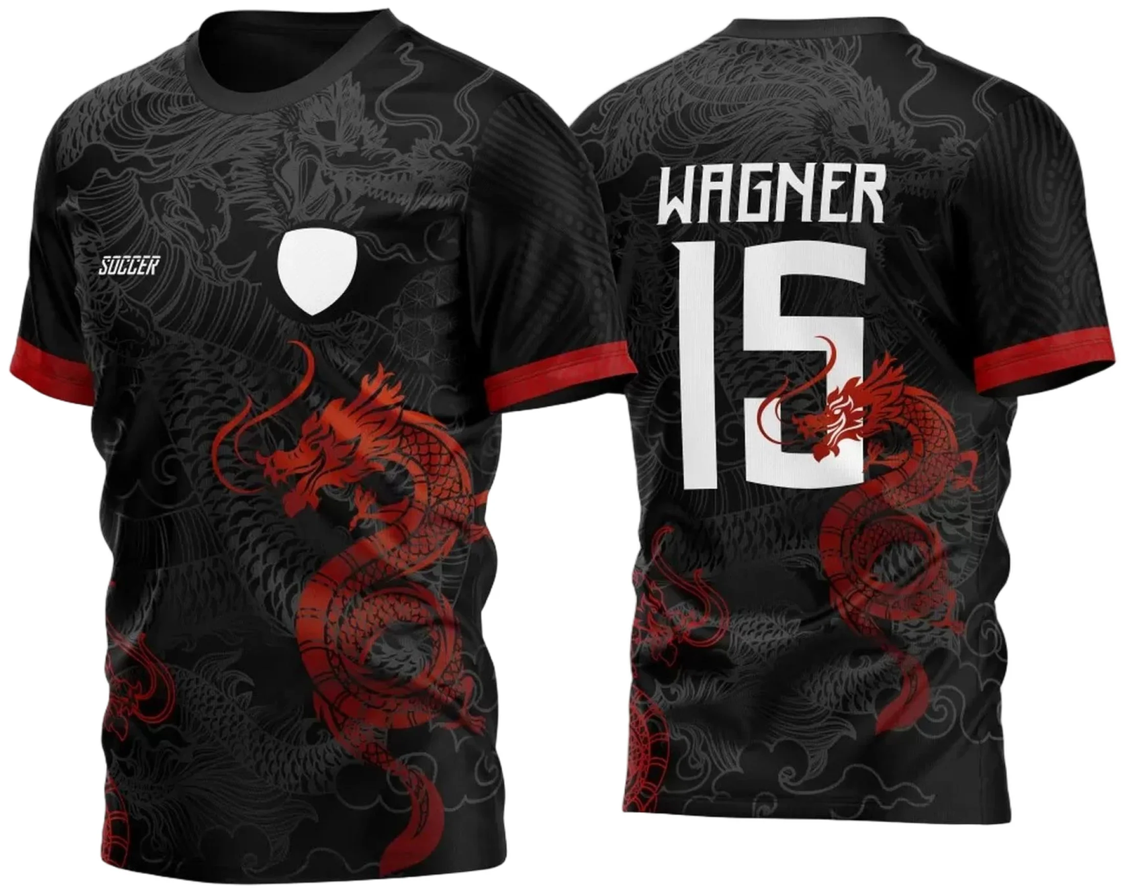 Camiseta unissex preta com logo no peito e estampa grande nas costas de dragão vermelho, tema InterClasse 2023 destacando força e tradição.