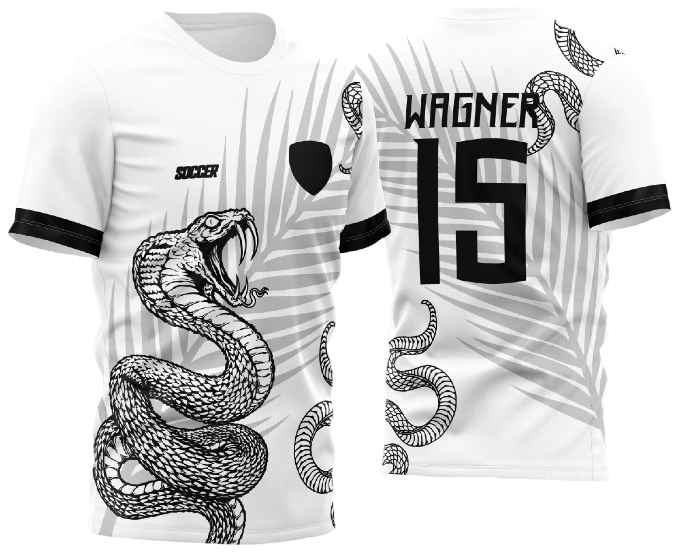 Camiseta unissex branca com logo no peito e estampa grande nas costas com tema cobra e folha palmeira, ideal para evento InterClasse 2023, estilo moderno e casual.