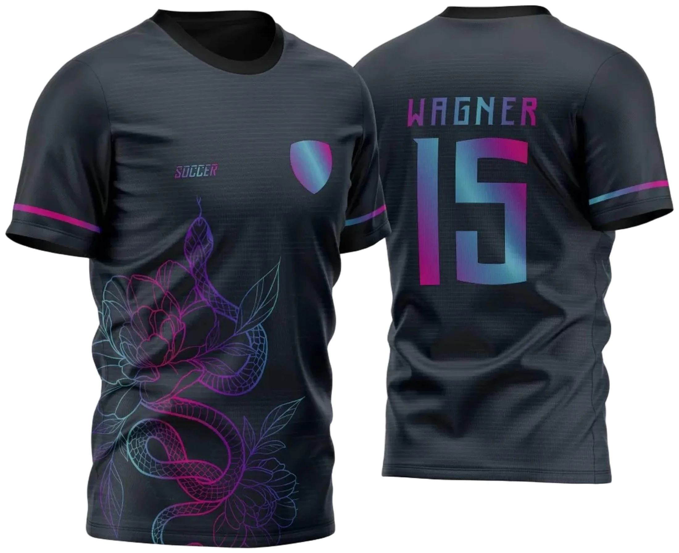 Camiseta unissex preta com logo no peito e estampa grande nas costas de cobra floral em degrade inspirado no tema InterClasse Cobra Floral Degrade 2023, design vibrante e moderno.