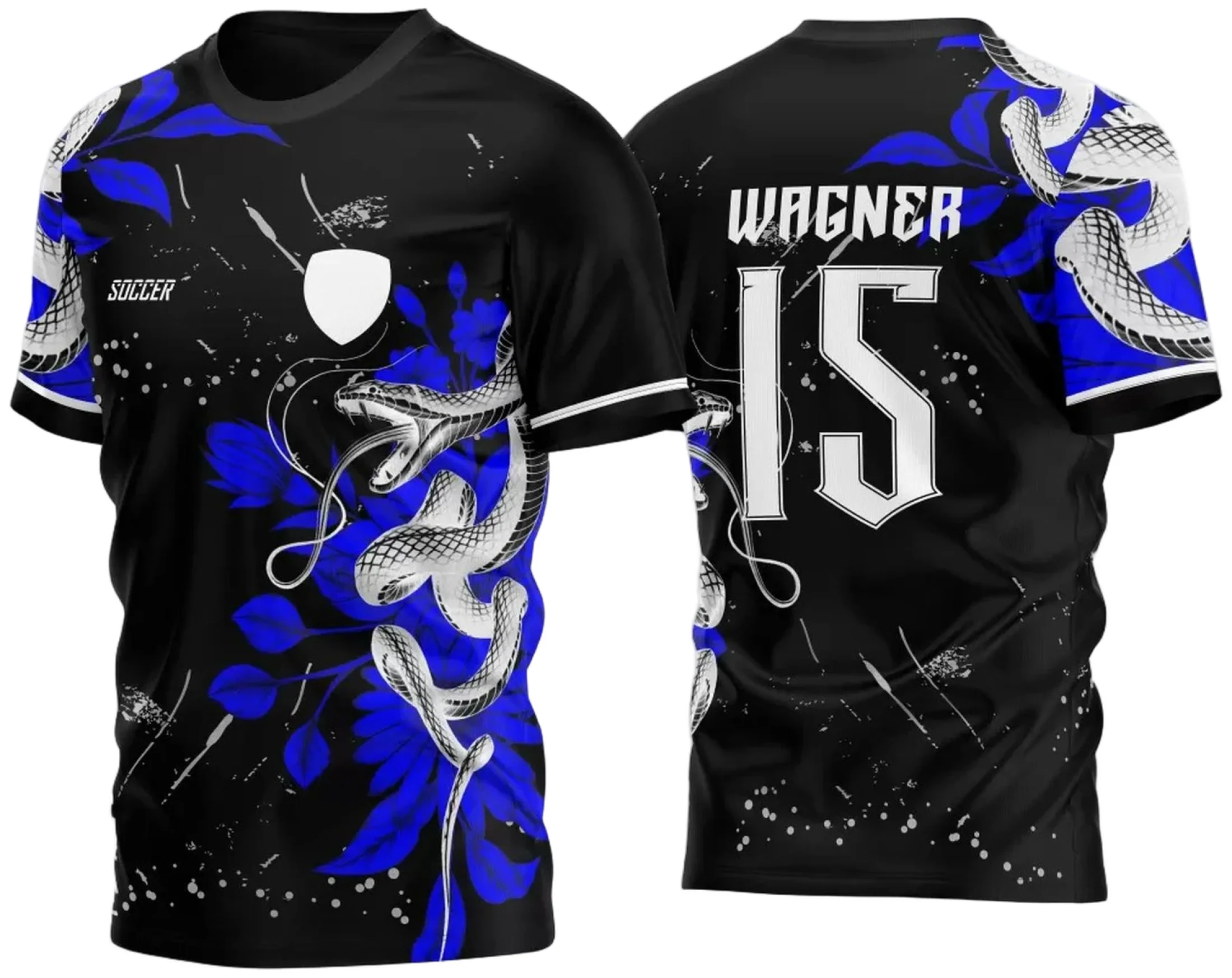 Camiseta unissex preta com logo no peito e estampa grande nas costas mostrando cobra floral em estilo chinês com detalhes azuis, ideal para destaque em eventos InterClasse Ataque 2023.