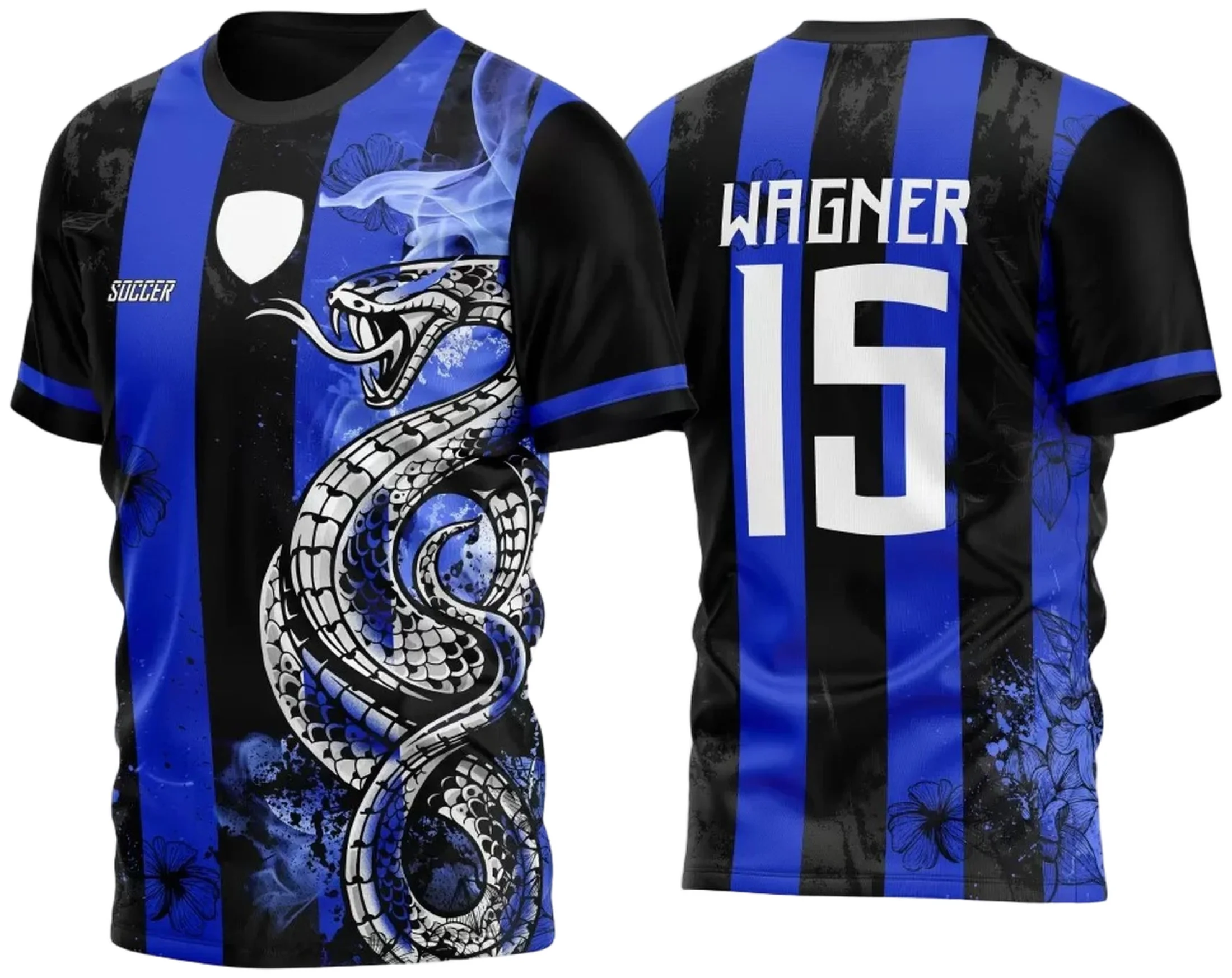 Camiseta unissex preta com logo no peito e estampa grande nas costas com tema Cobra Grunge nas cores preto e azul, perfeita para o InterClasse 2023.