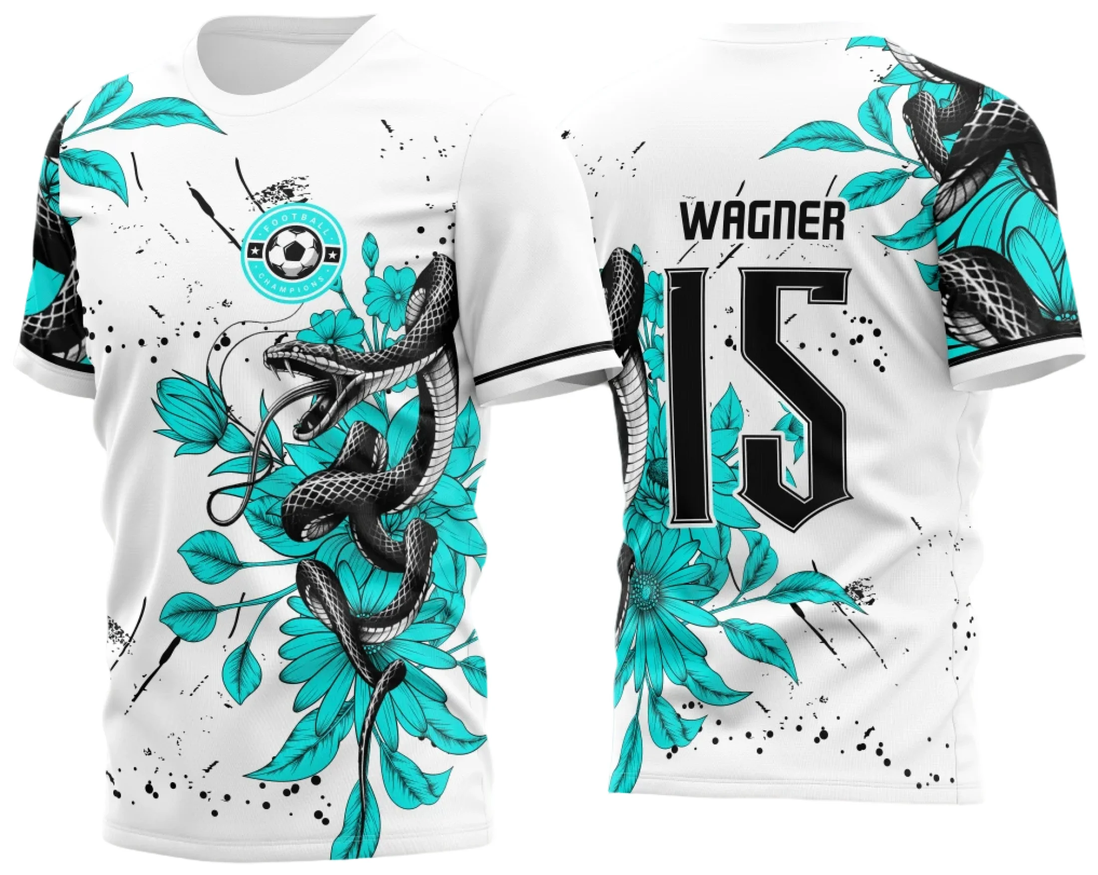 Camiseta unissex preta com logo no peito e estampa grande nas costas mostrando cobra serpente com flores verdes, ideal para quem ama estilo único e natureza.