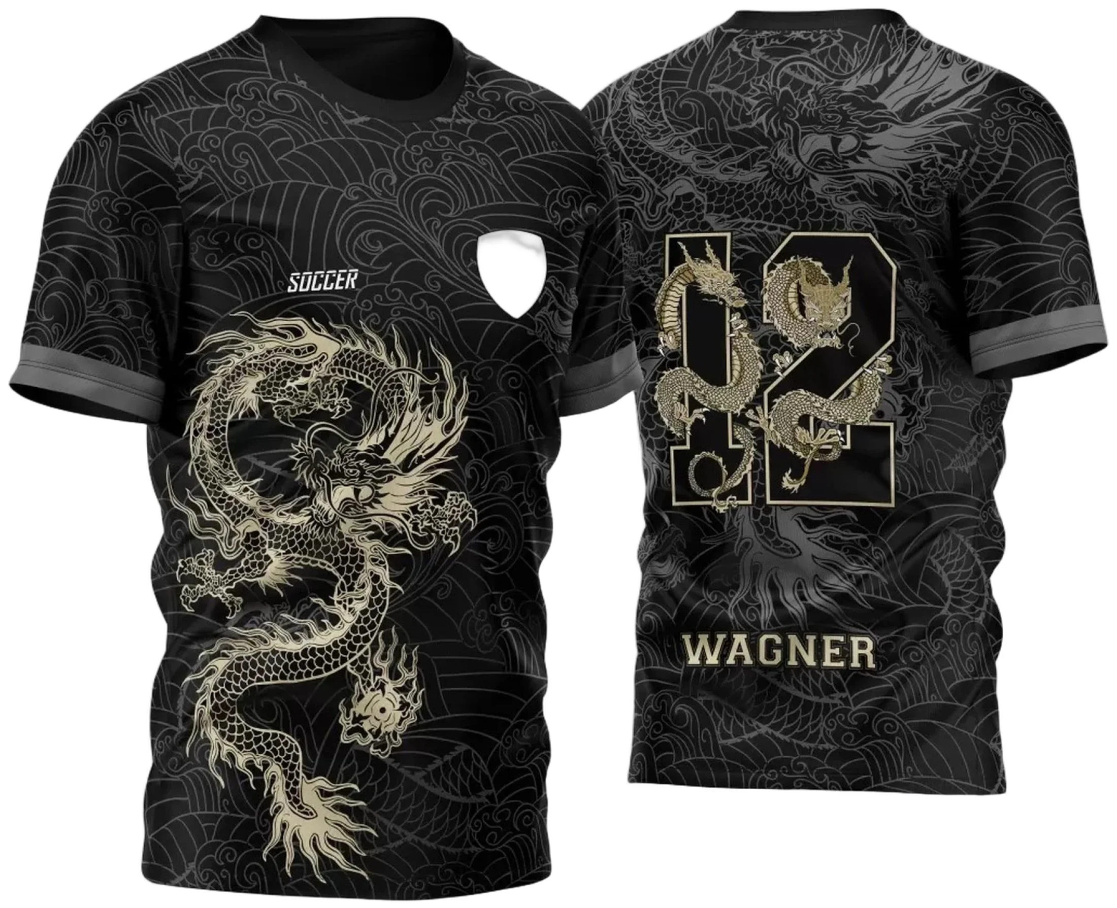 Camiseta unissex preta com logo no peito e estampa grande nas costas retratando Dragão Dourado InterClasse 2023, perfeita para quem busca estilo marcante e tema poderoso.