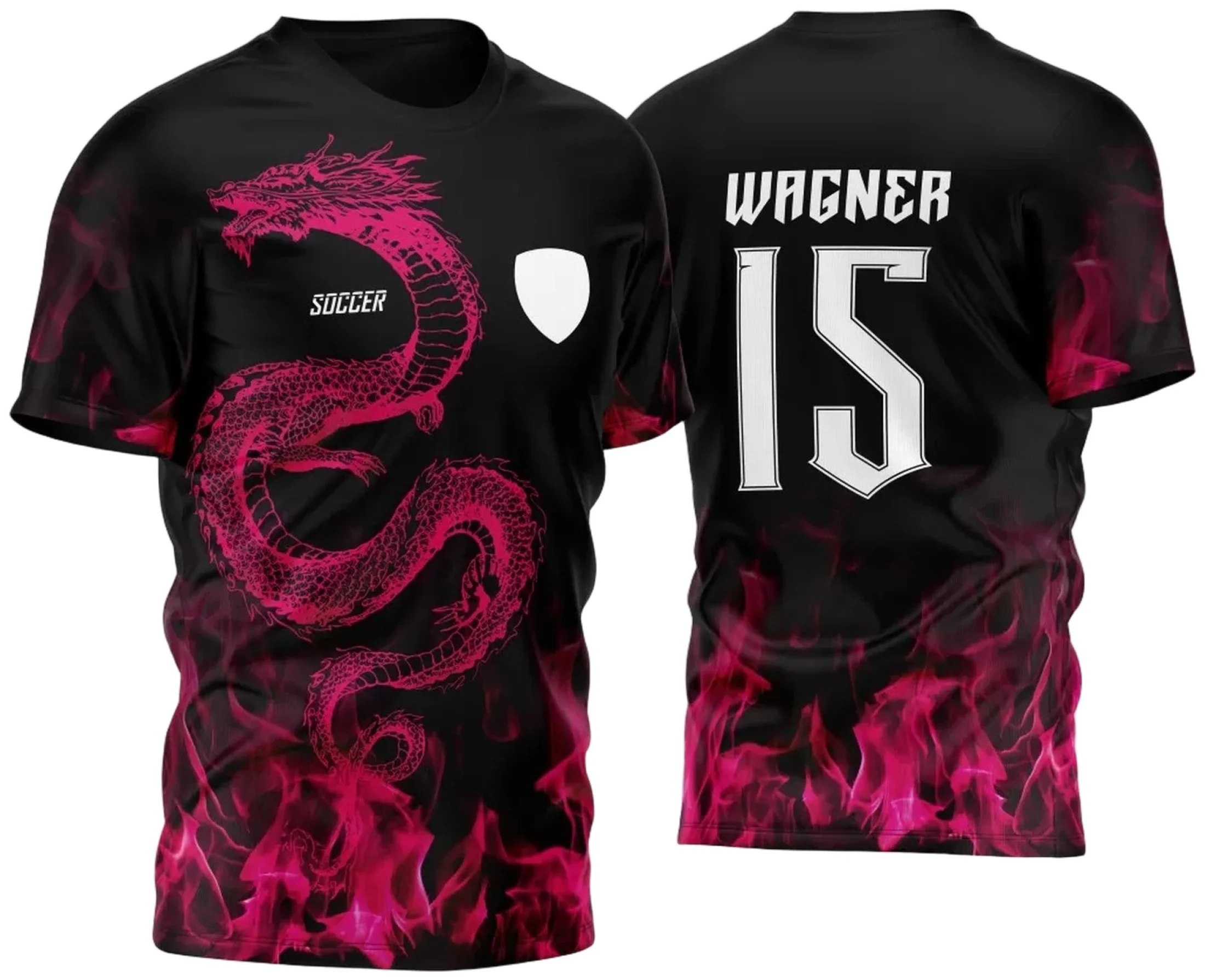 Camiseta unissex preta com logo no peito e estampa grande nas costas com tema dragão de fogo rosa, perfeita para personalização no evento InterClasse 2023.