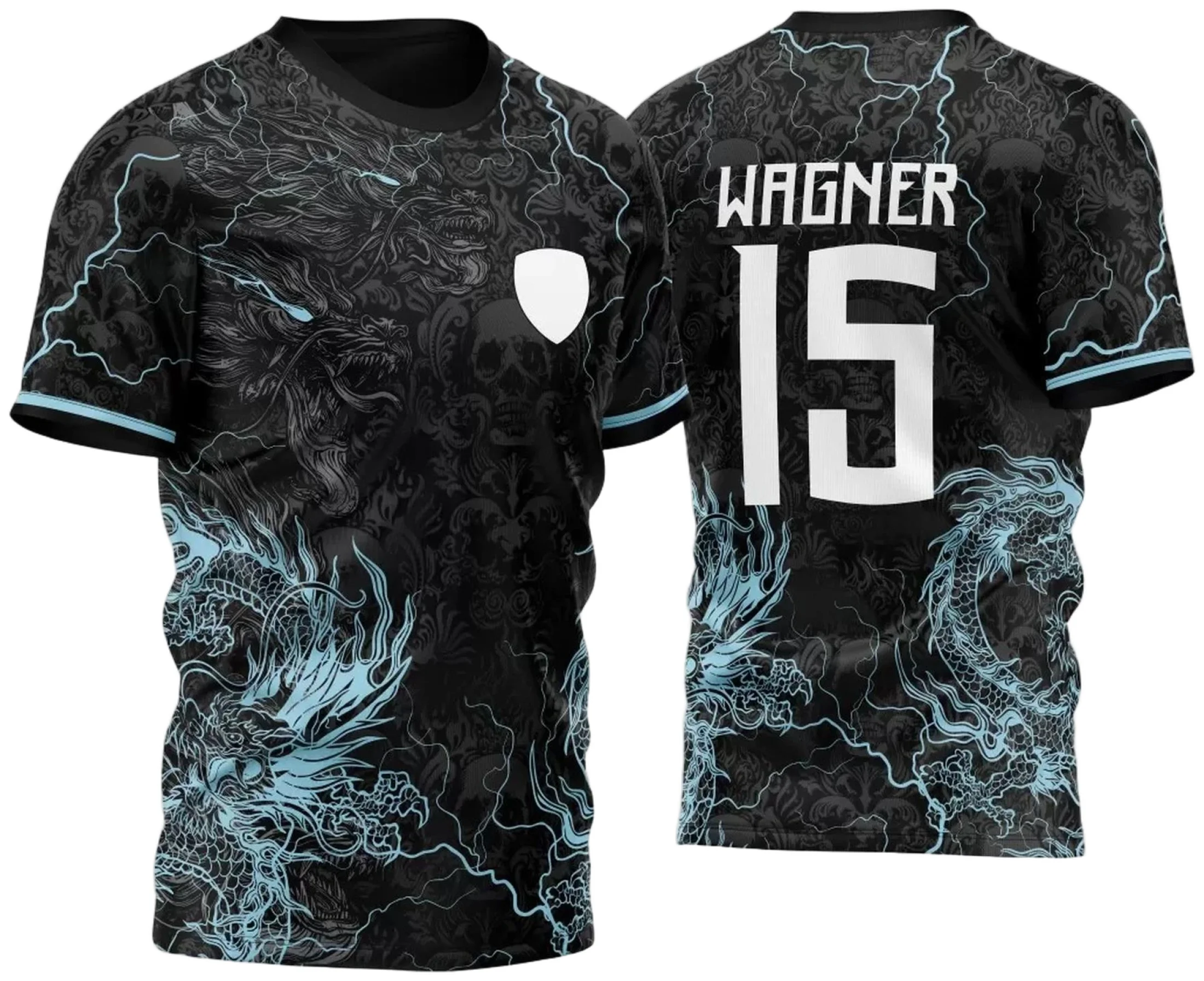 Camiseta unissex preta com logo no peito e estampa grande nas costas, tema InterClasse Dragões e Raios M2 2023, ideal para fãs e participantes do evento.