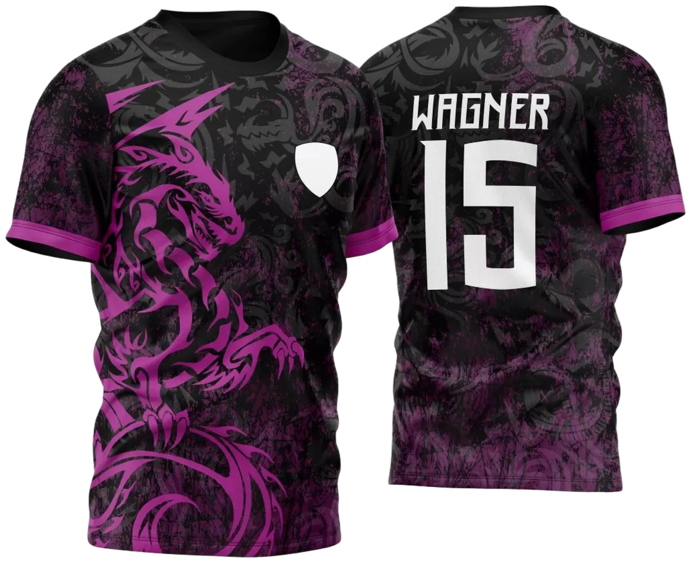 Foto da camiseta unissex preta com logo no peito e estampa grande nas costas mostrando dragões rosa em estilo tribal, ideal para eventos InterClasse 2023.