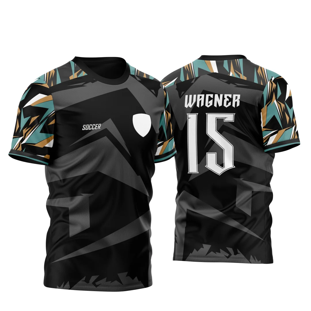 Camiseta unissex preta com logo no peito e estampa grande nas costas mostrando fundo geométrico inspirado no InterClasse 2023 Mod2, perfeita para estilo moderno e eventos escolares.