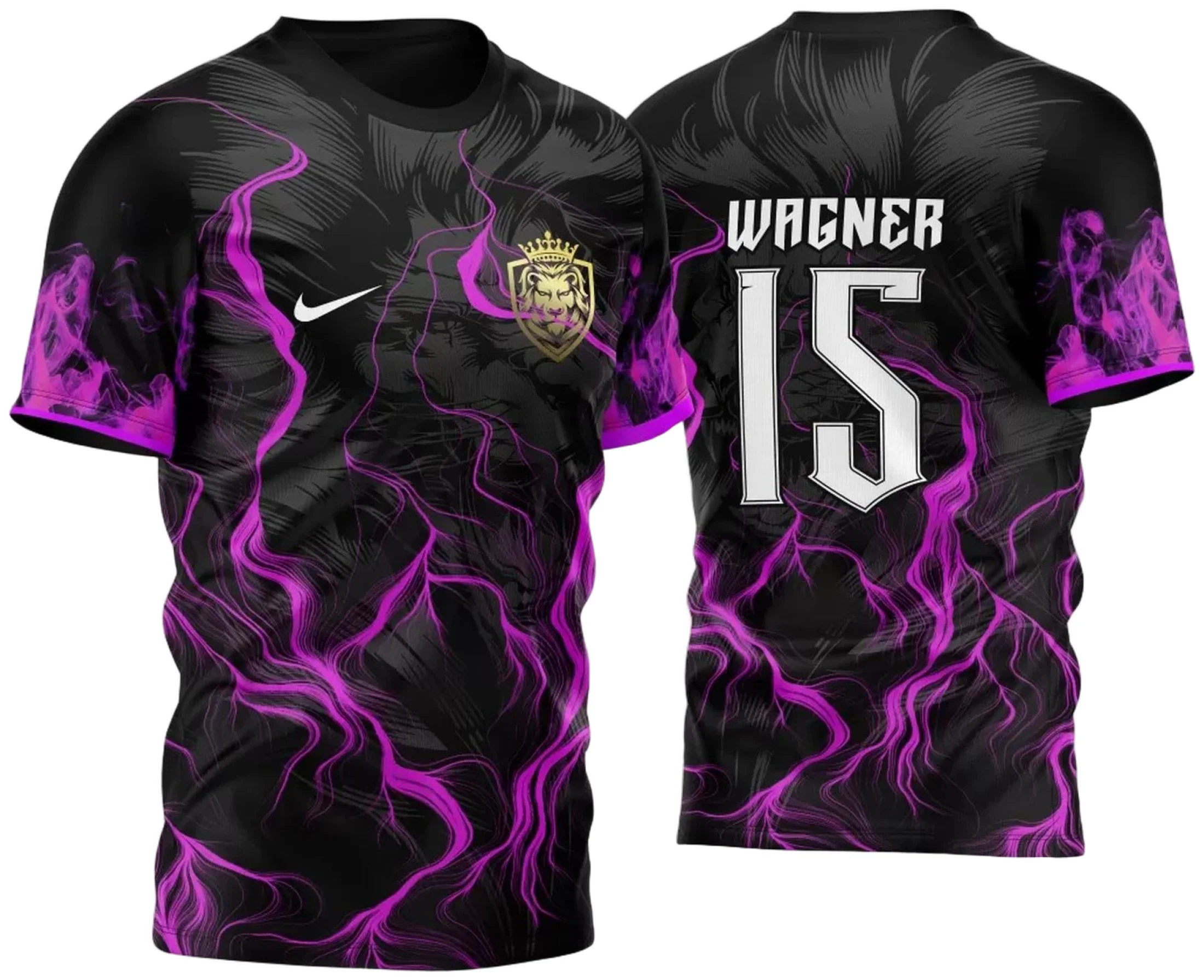 Camiseta unissex preta com logo no peito e estampa grande nas costas com tema Leão Fogo Rosa para InterClasse, visual moderno e impactante, ideal para eventos e turmas.