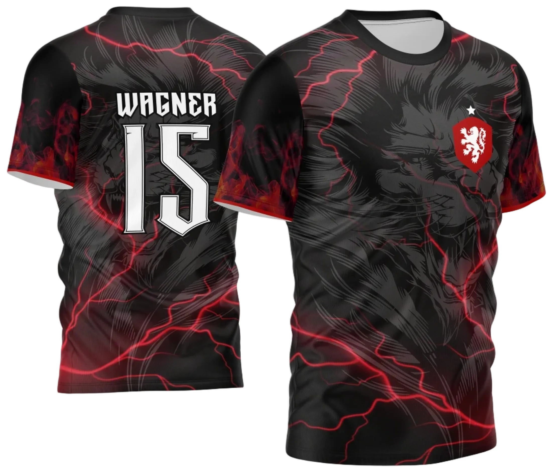 Camiseta unissex preta com logo no peito e estampa grande nas costas de Leão com raios, perfeita para eventos e estilo autêntico