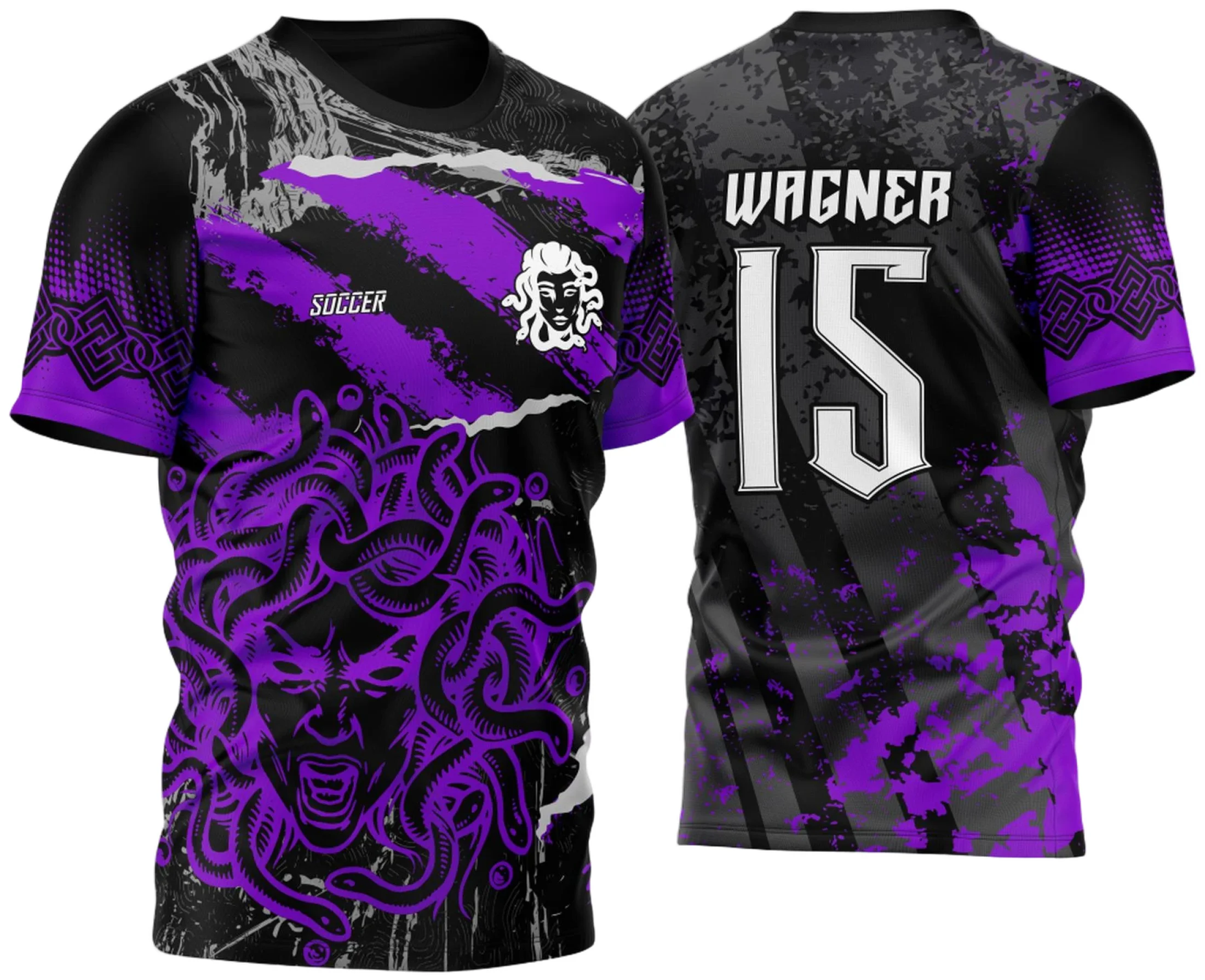 Camisa unissex preta com logo no peito e estampa grande nas costas, design inspirado na Medusa em Furia 2023, ideal para quem busca estilo marcante e atual.